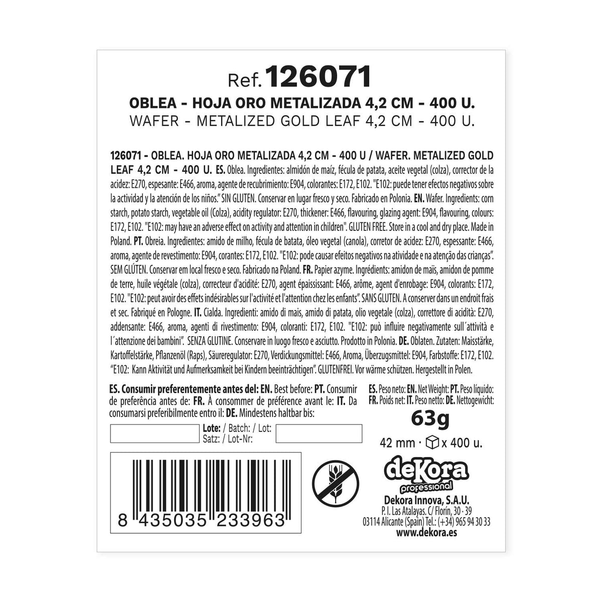 400 HOJAS DE OBLEA ORO METALIZADA 4,2 CM