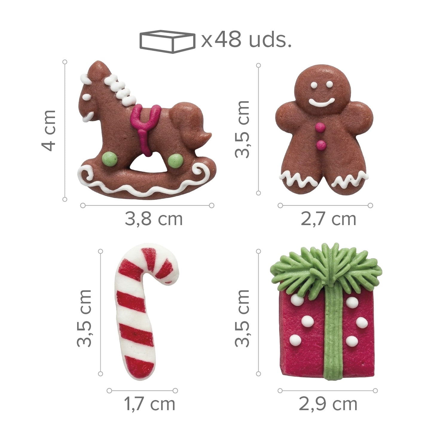 SUGAR DECORATION 2D CHRISTMAS ASSORTED HORSE AND GIFT 48 UNI