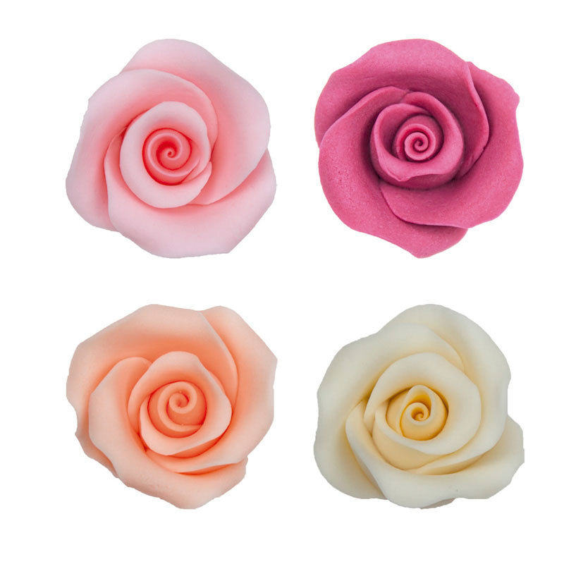 10 ROSES COMESTIBLES EN SUCRE 4 COULEURS, ROSE, NUDE, SAUMON ET FUCHSIA 5 CM
