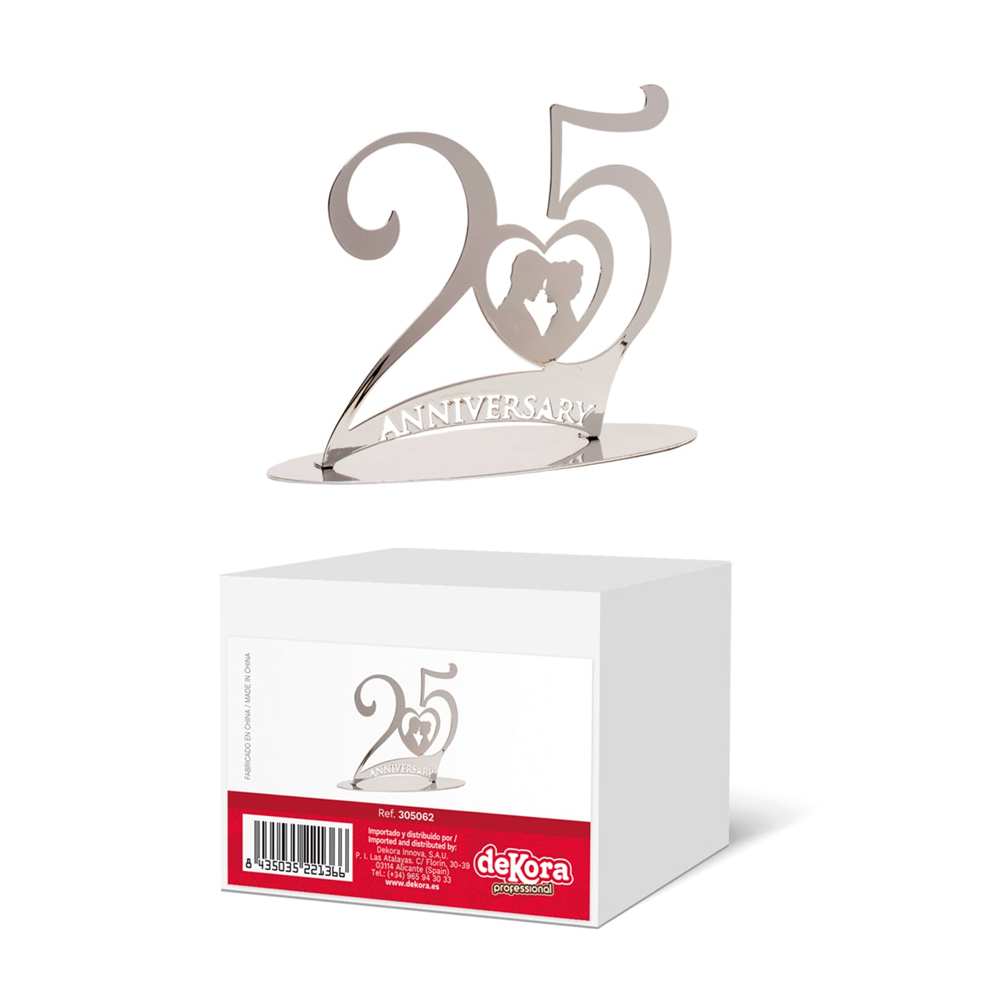 CAKE TOPPER 25ème ANNIVERSAIRE MÉTAL ARGENT 20X16 CM