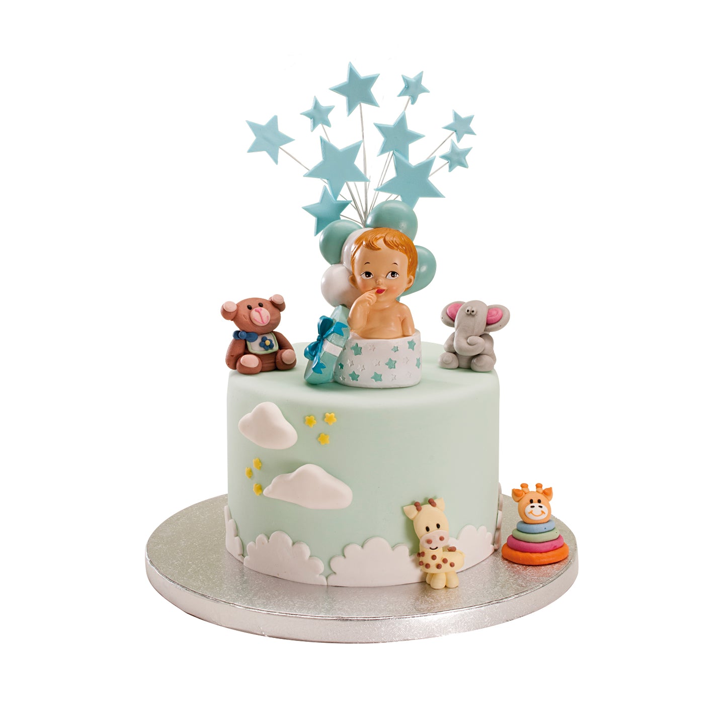 CAKE CHRISTENING FIGURINE BOY GIFT AND BALLOONS 10,5 CM