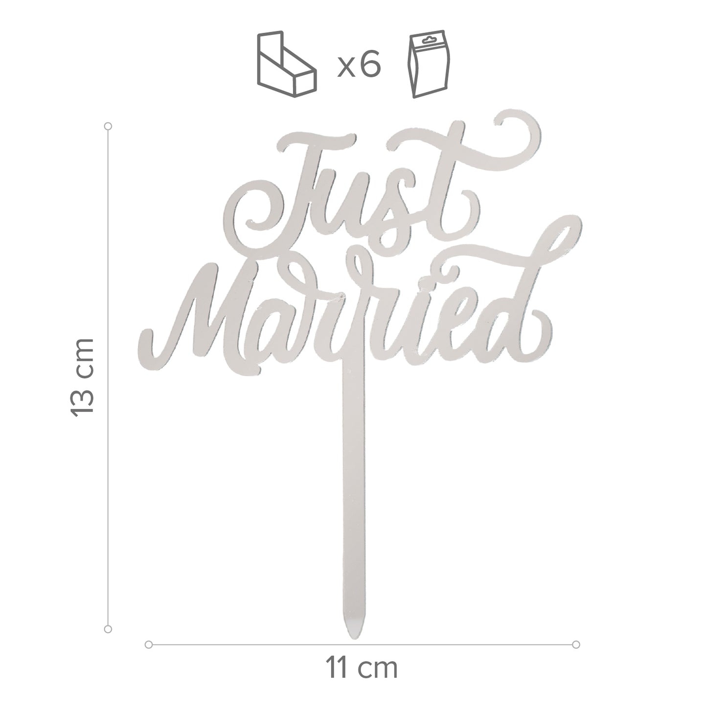 CAKE TOPPER JUST MARRIED SILVER 11X13CM