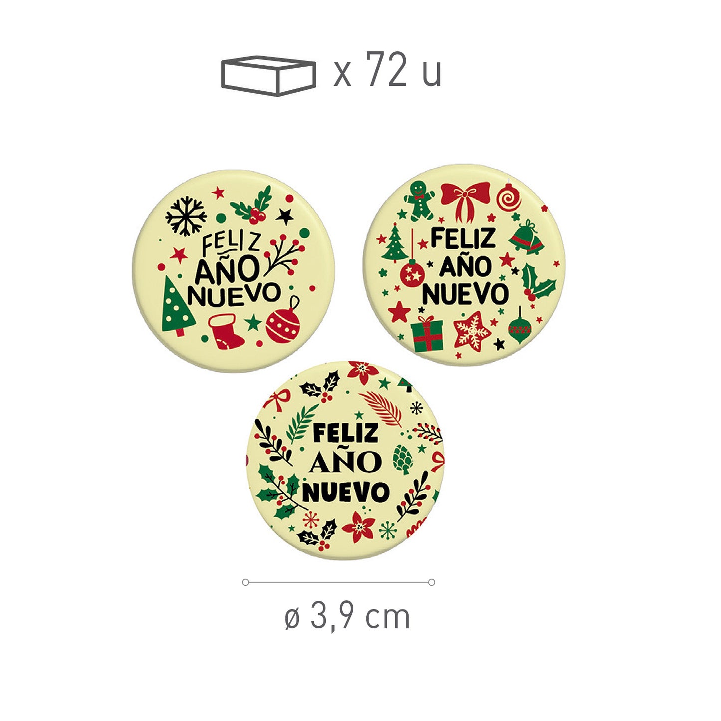 SURTIDO CHOCO BLANCO FELIZ AÑO NUEVO 39 MM - 72 UNIDADES