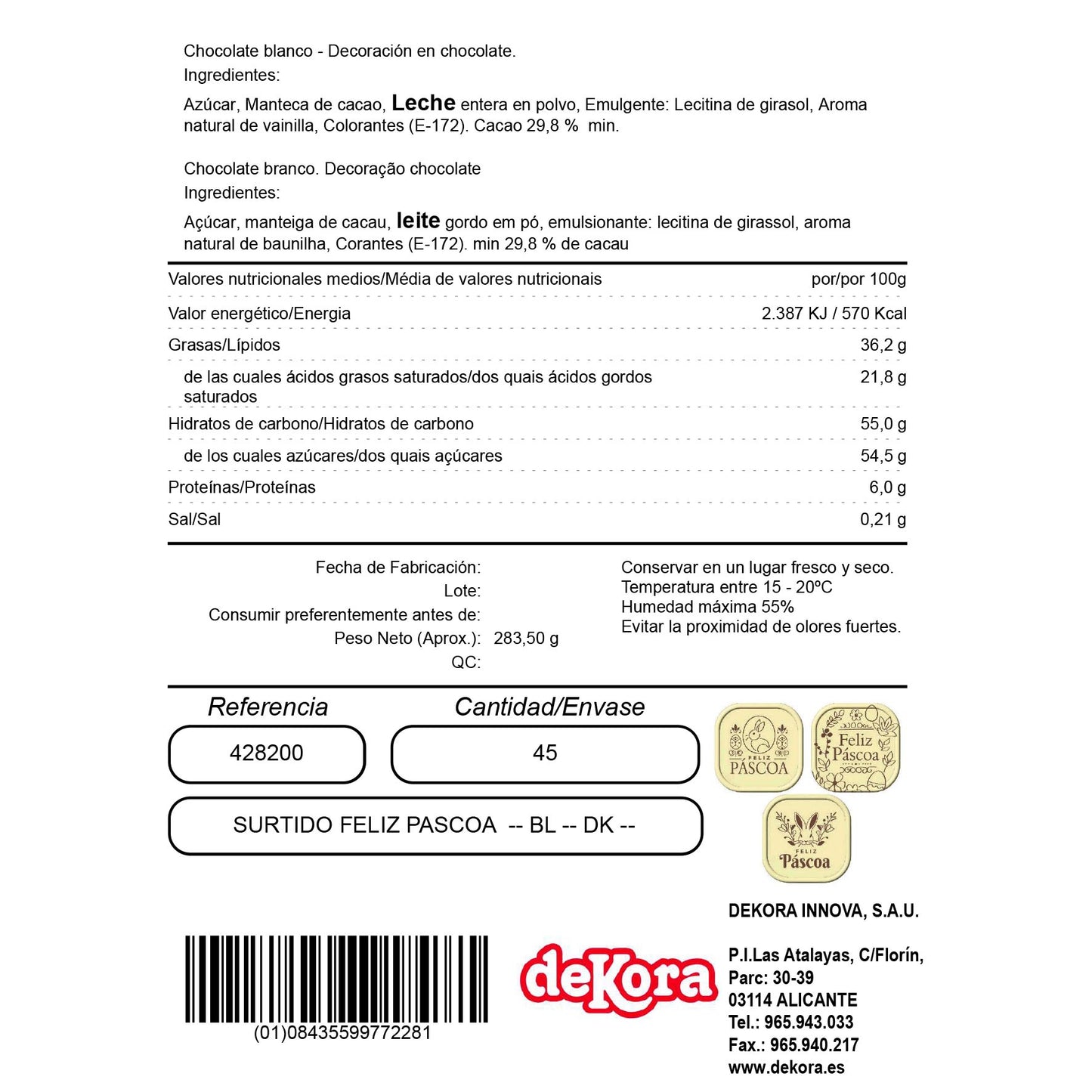 PLACA CHOCO BLANCO FELIZ PASCUA PORTUGAL 49 X 49 MM 45 UDS