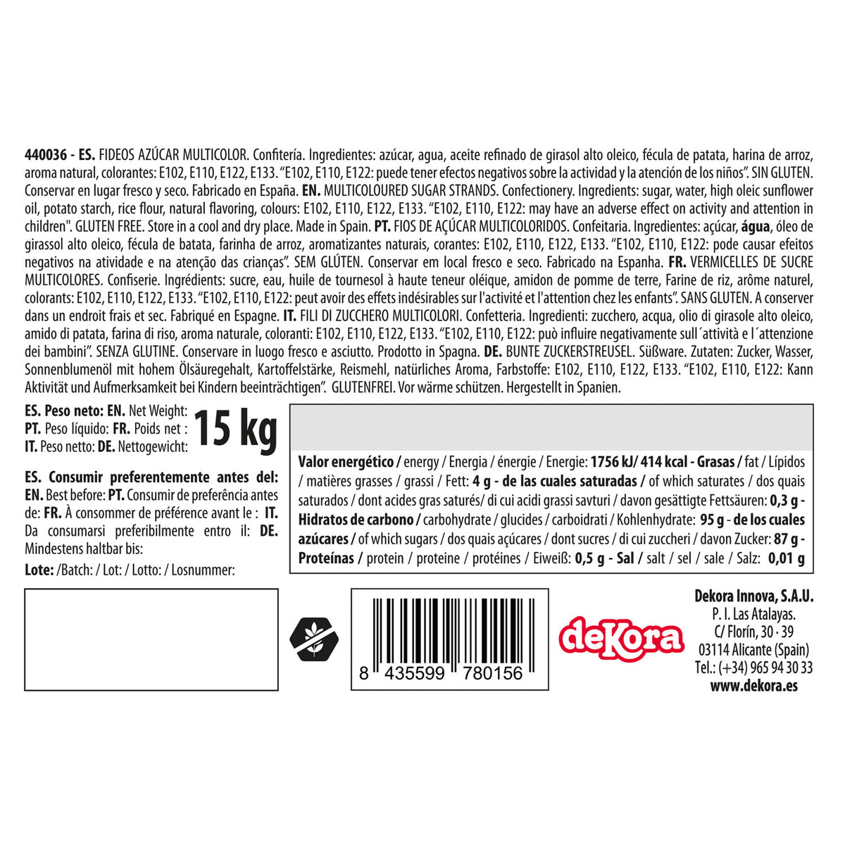 MIX VERMICELLE SUCRE COULEURS 15KG