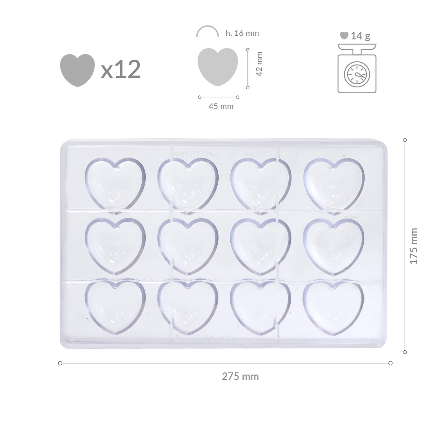 POLYCARBONATE MOULD HEART 45X42H16MM | 12 PCS