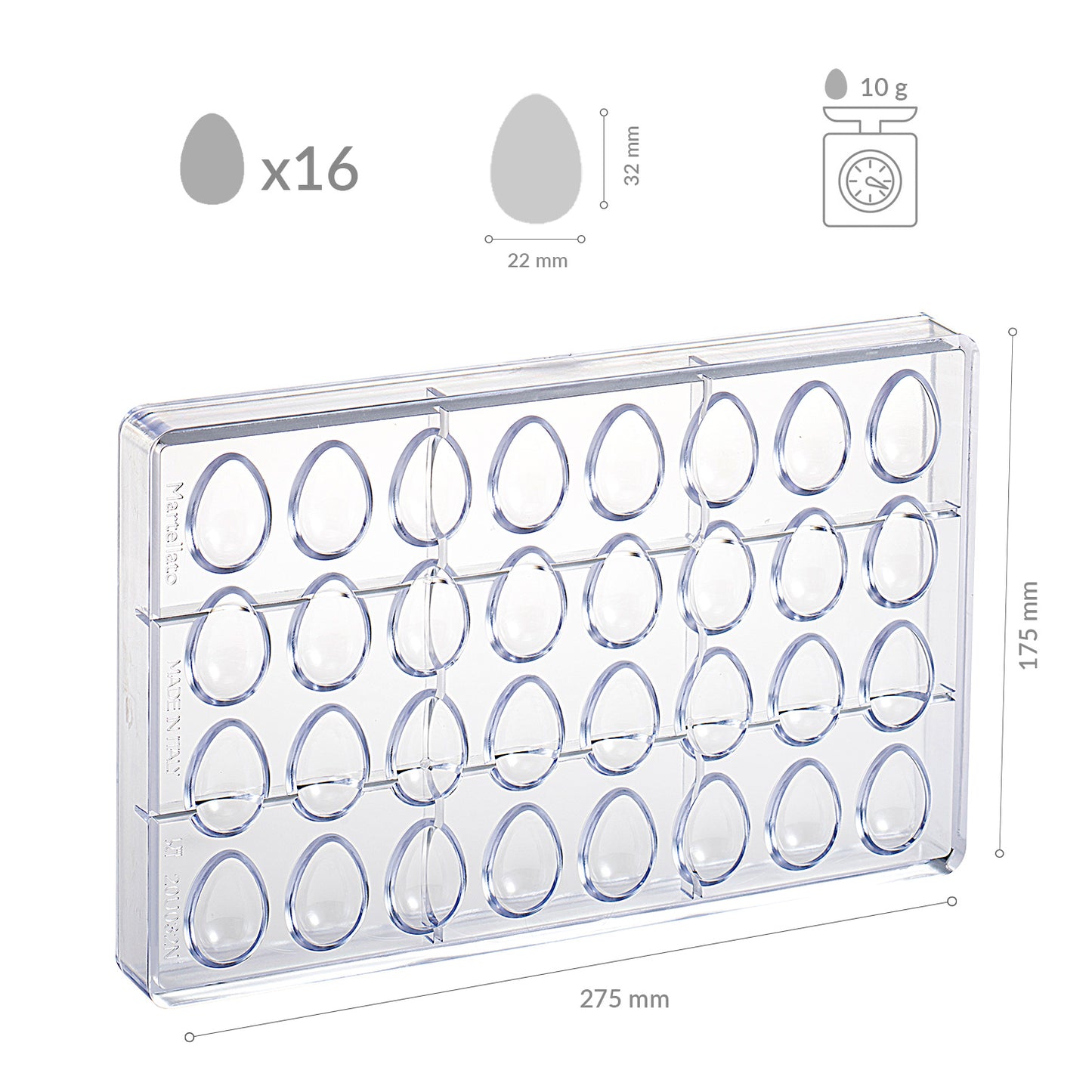 POLYCARBONATE MOLD FOR 16 EGGS 7GR 22X32MM | 32 PCS