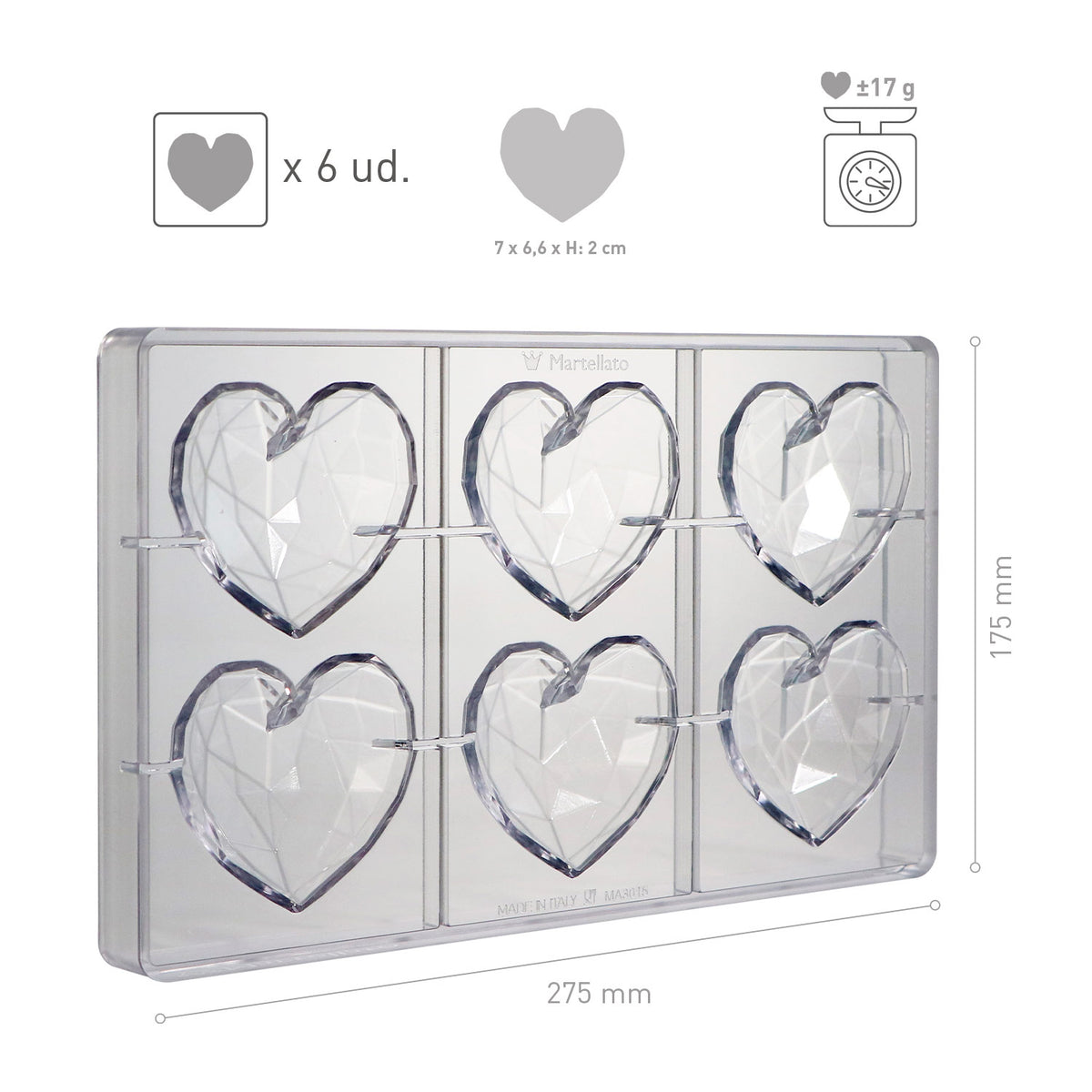 MOLDE POLICARBONATO CORAÇÃO DIAMANTE 70 X 66 H 20 MM | 6 U