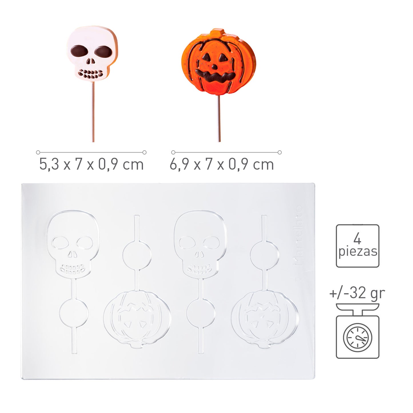 KIT 2 PLASTIC MOULDS CHOCOLATE HALLOWEEN LOLLIPOPS 8 PIECES