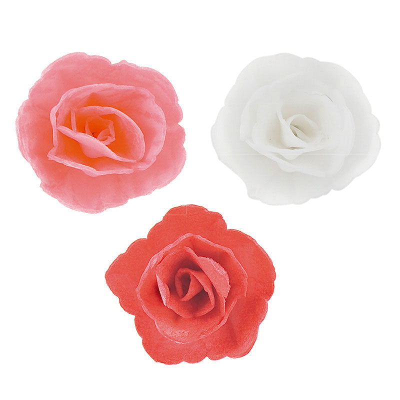 36 ROSAS DE OBLEA ROSA, ROJO Y BLANCO SURTIDAS 4,5 CM