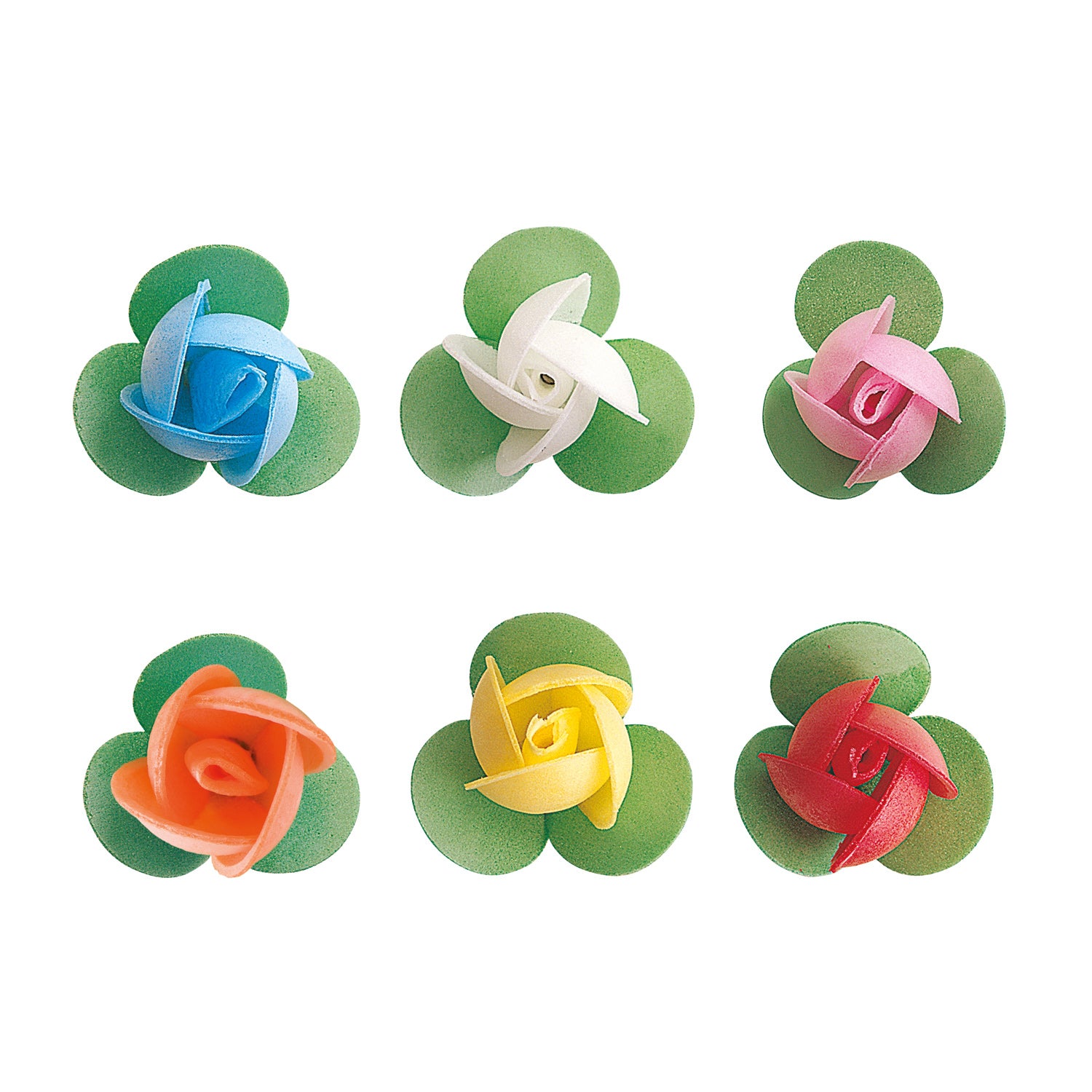 150 WAFER ROSES WITH LEAVE ASSORTED COLOURS 3 CM