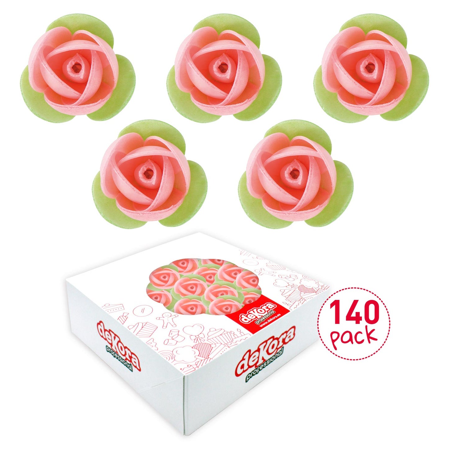 140 ROSAS OBLEA CON HOJA VERDE 3,5CM
