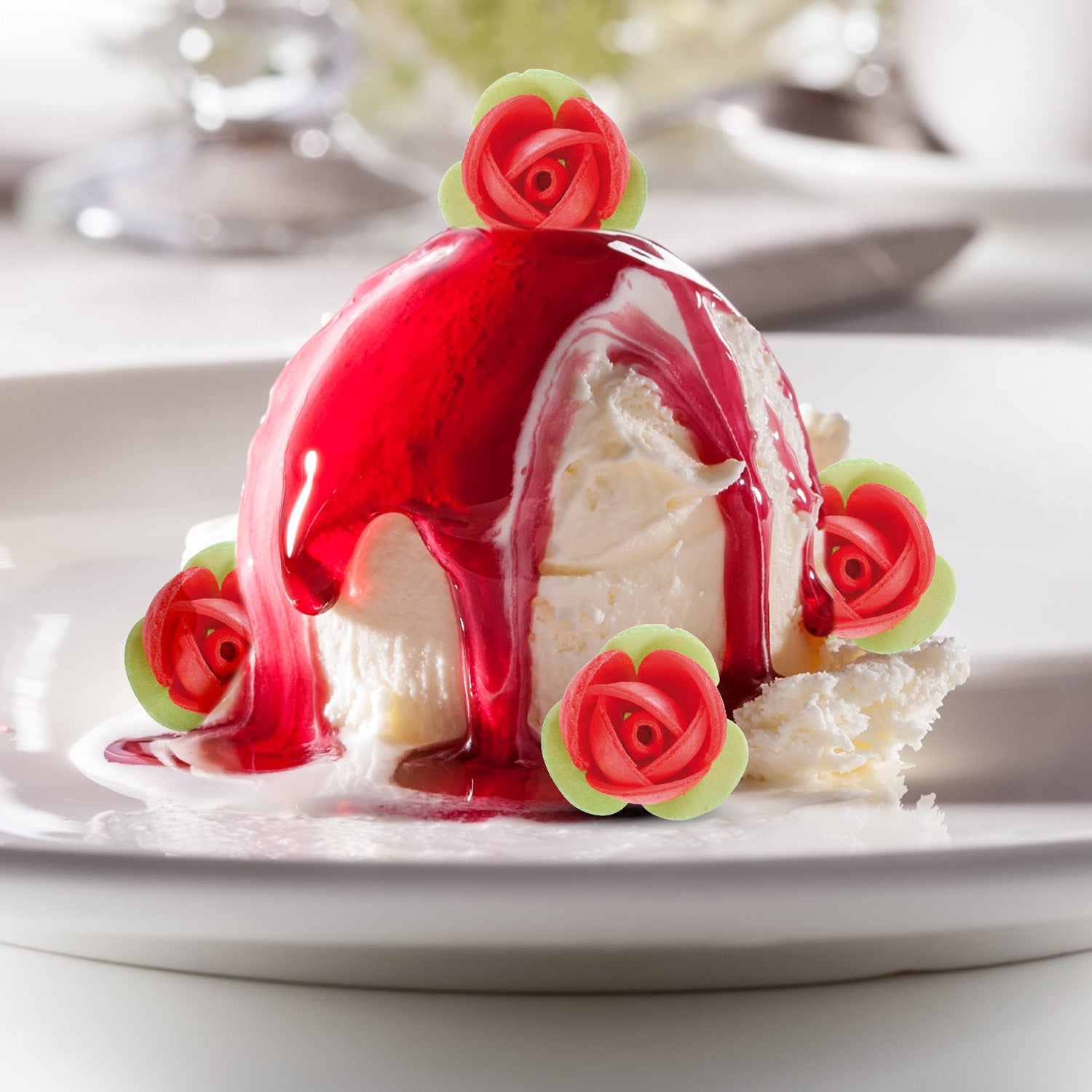 140 WAFER RED ROSES GREEN LEAF 3,5 CM