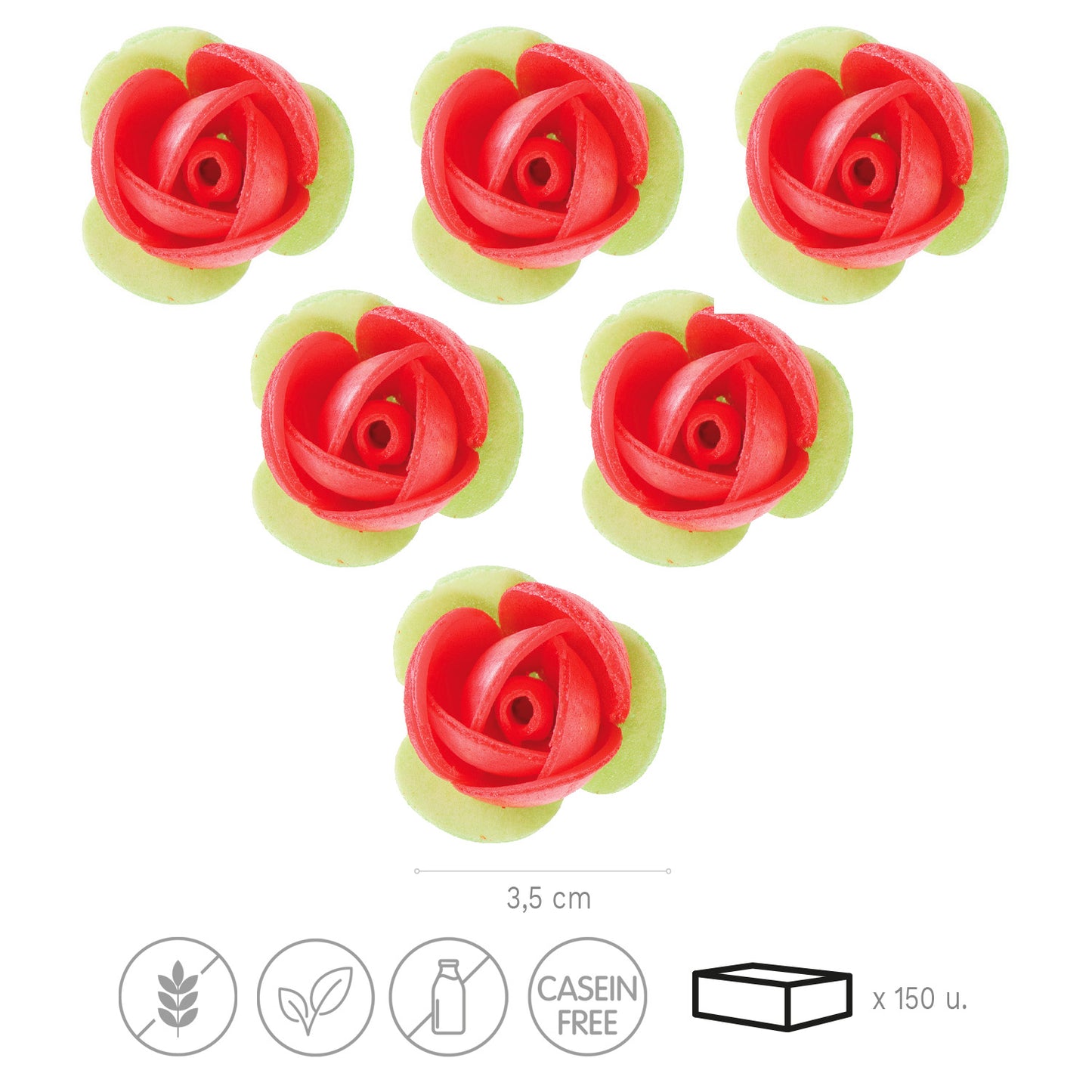 140 ROSAS OBLEA ROJA CON HOJA VERDE 3,5CM