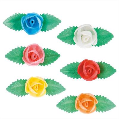 80 ROSAS DE OBLEA CON 2 HOJAS COLORES SURTIDOS 6,5 CM