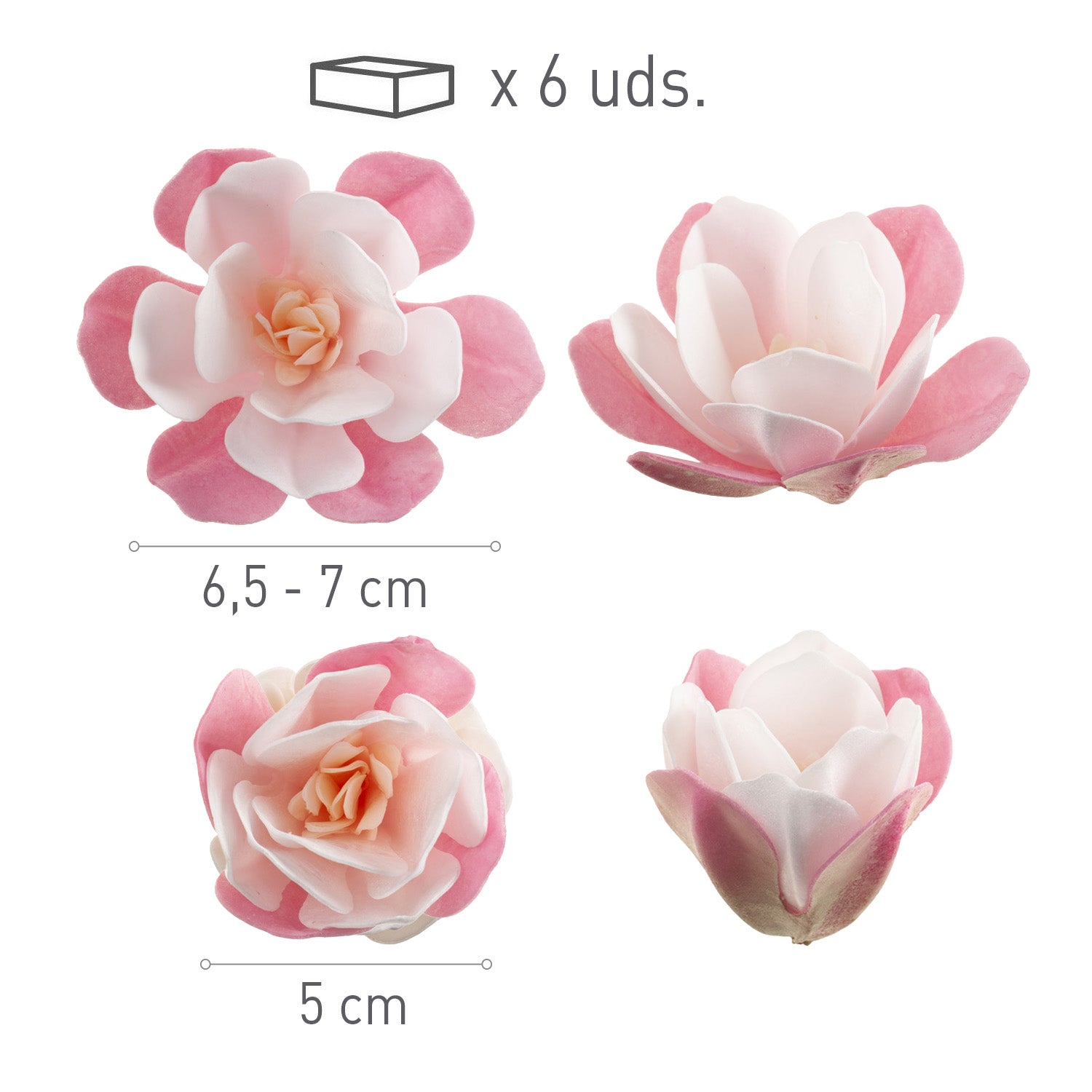 6 MAGNOLIAS DE OBLEA COLOR ROSA DE 6.5-7CM Y 5CM