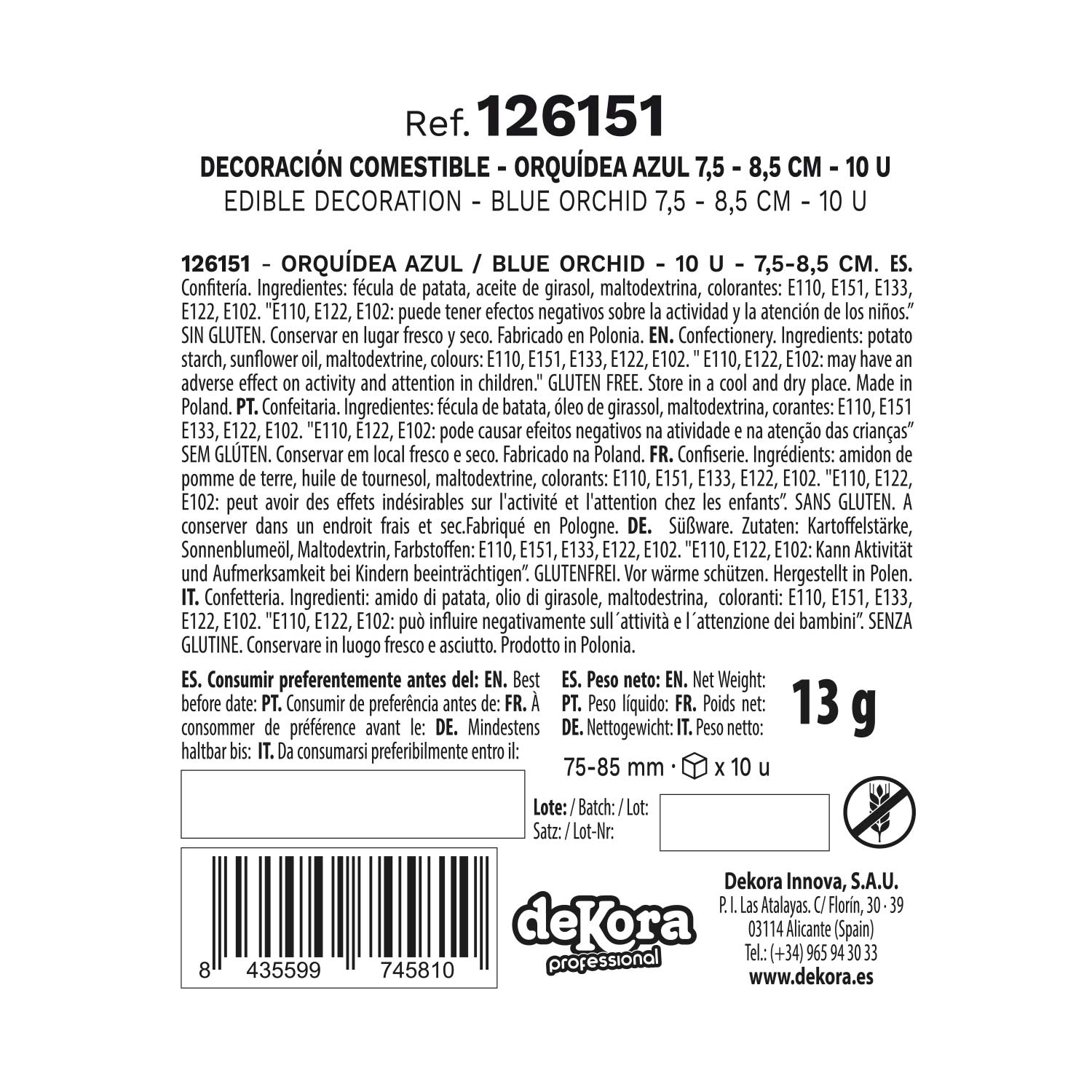 CAJA DE 10 ORQUÍDEAS DE OBLEA COLOR AZUL 8.5 -7.5CM