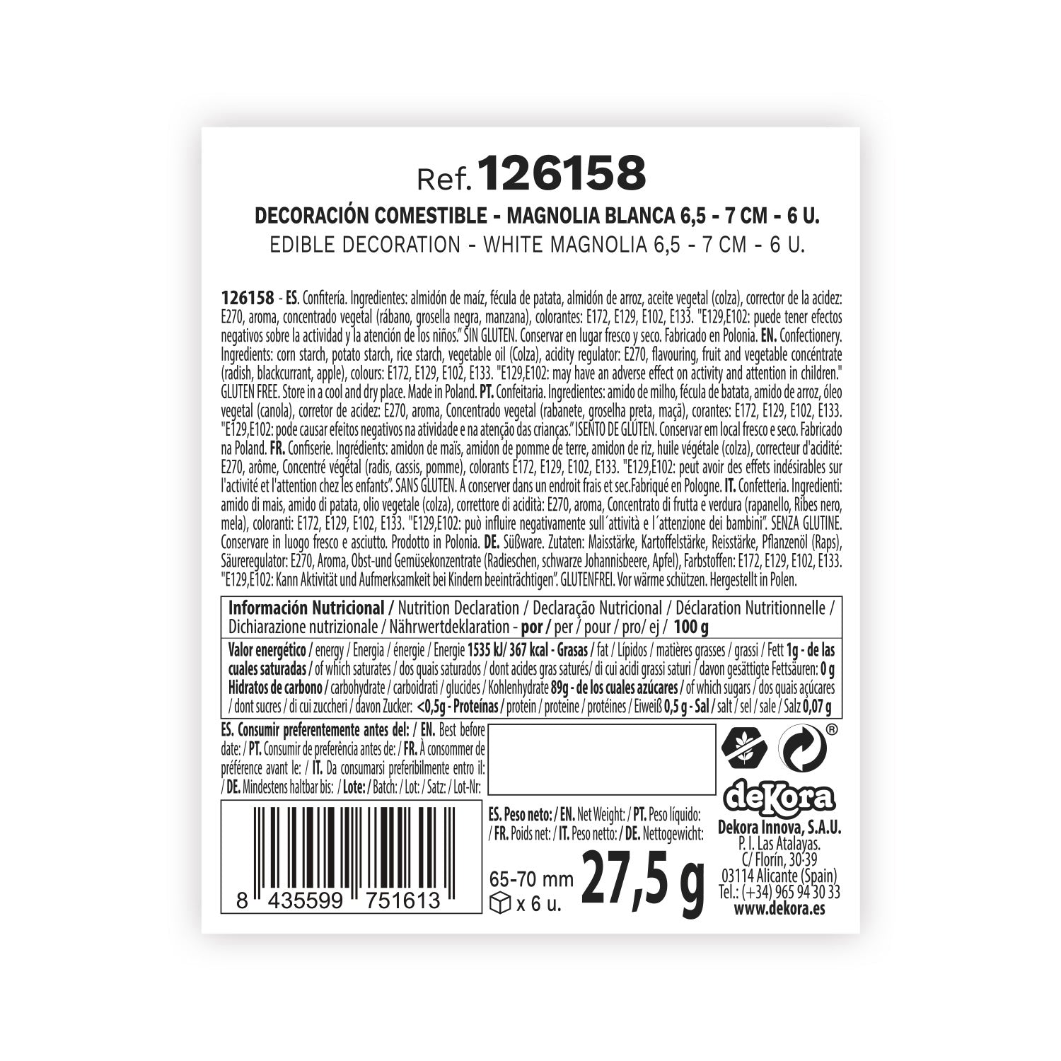 6 MAGNOLIAS DE OBLEA COLOR BLANCO DE 6.5-7CM Y 5CM