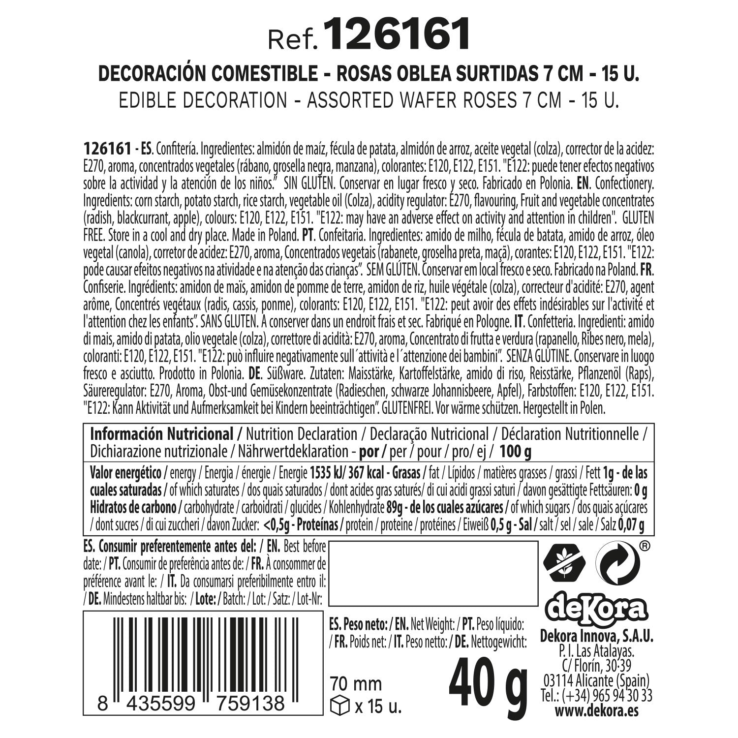 CAIXA DE 15 ROSAS WAFER CORES SORTIDAS Ø 7CM