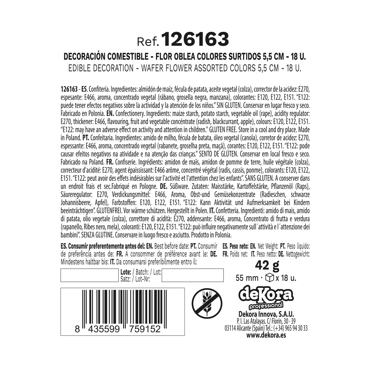 CAJA DE 18 FLORES DE OBLEA COLORES SURTIDOS Ø 5,5CM