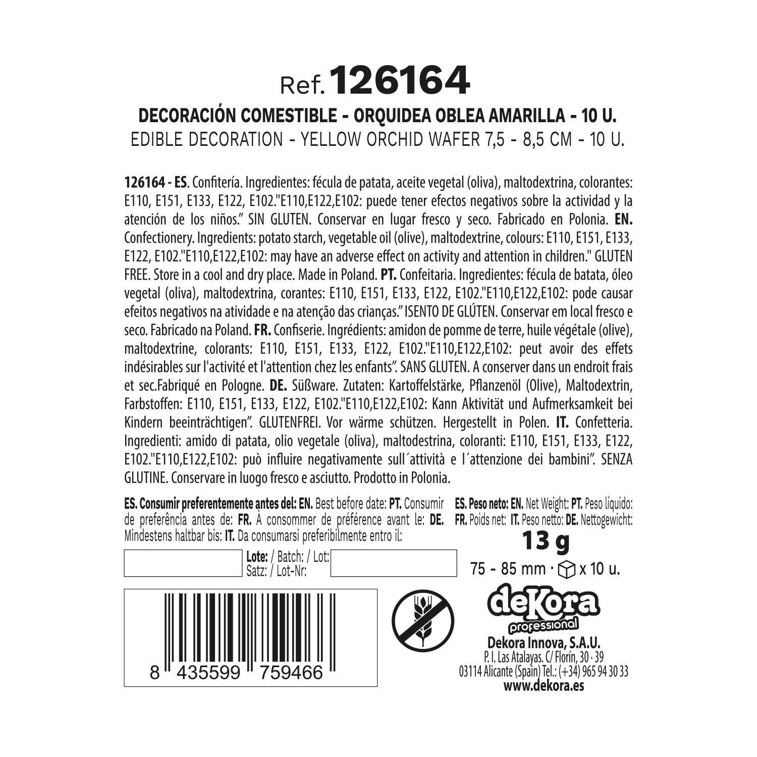 CAJA DE 10 ORQUÍDEAS DE OBLEA AMARILLAS 8.5-7.5CM