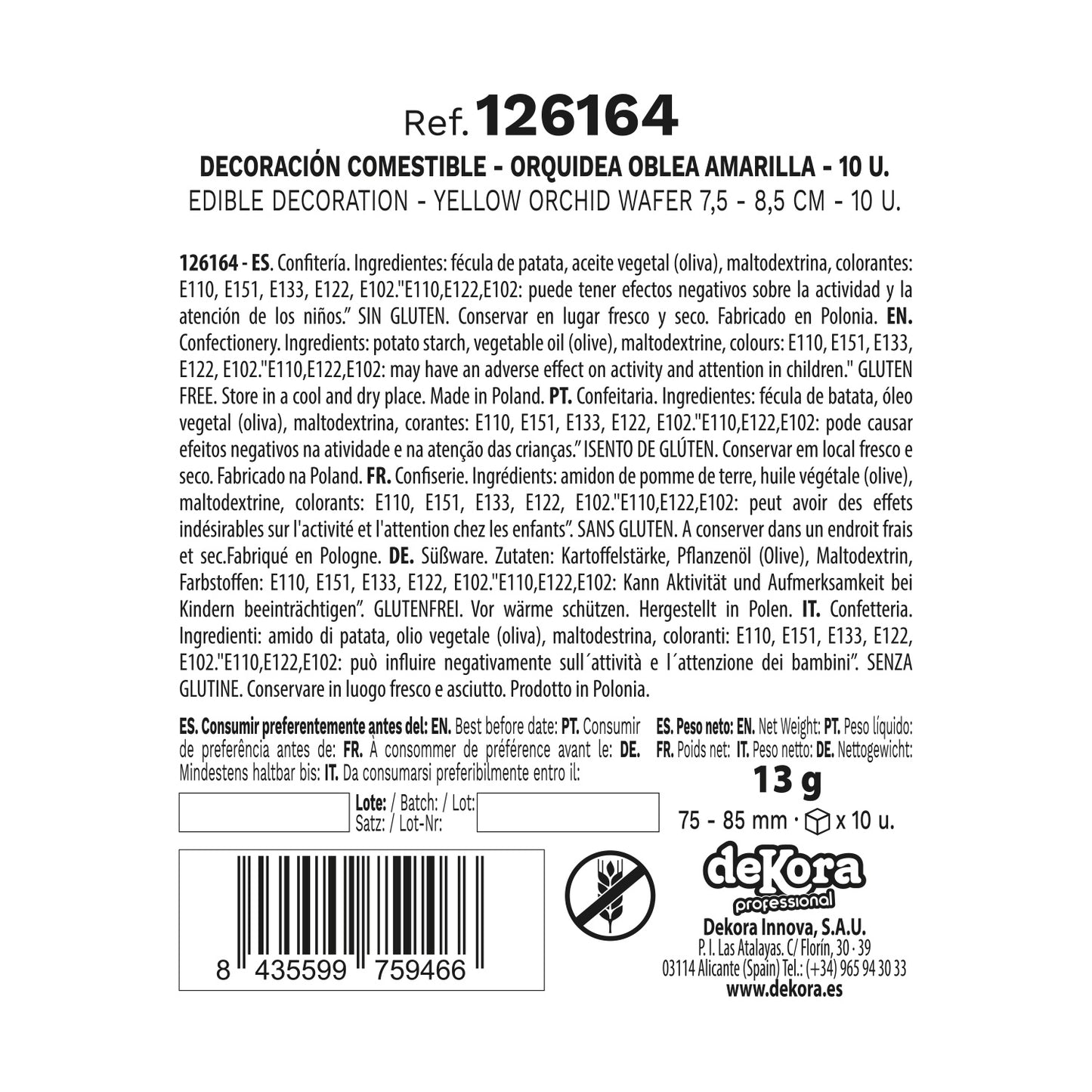 CAJA DE 10 ORQUÍDEAS DE OBLEA AMARILLAS 8.5-7.5CM