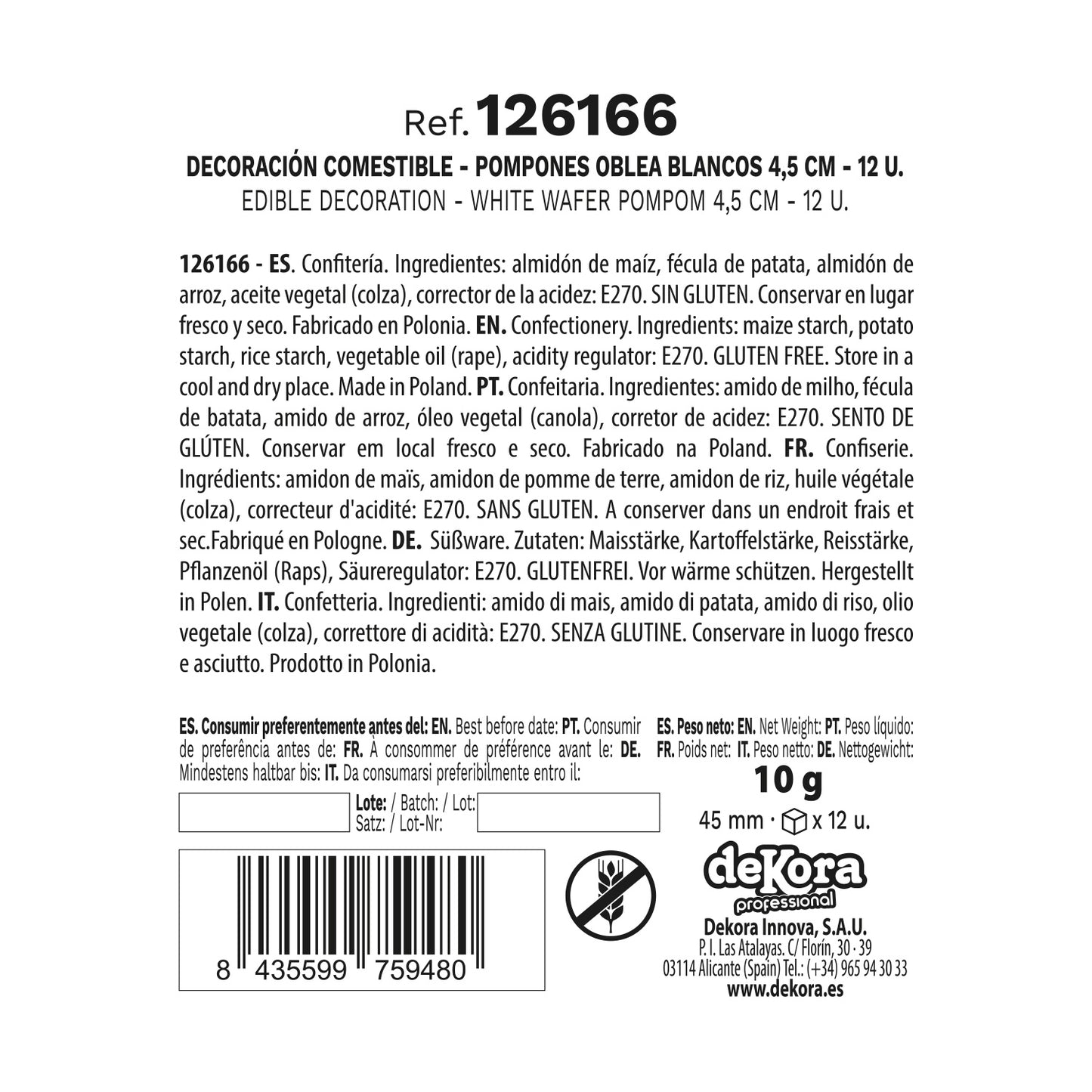 CAJA DE 12 POMPONES DE OBLEA BLANCOS Ø 4.5CM