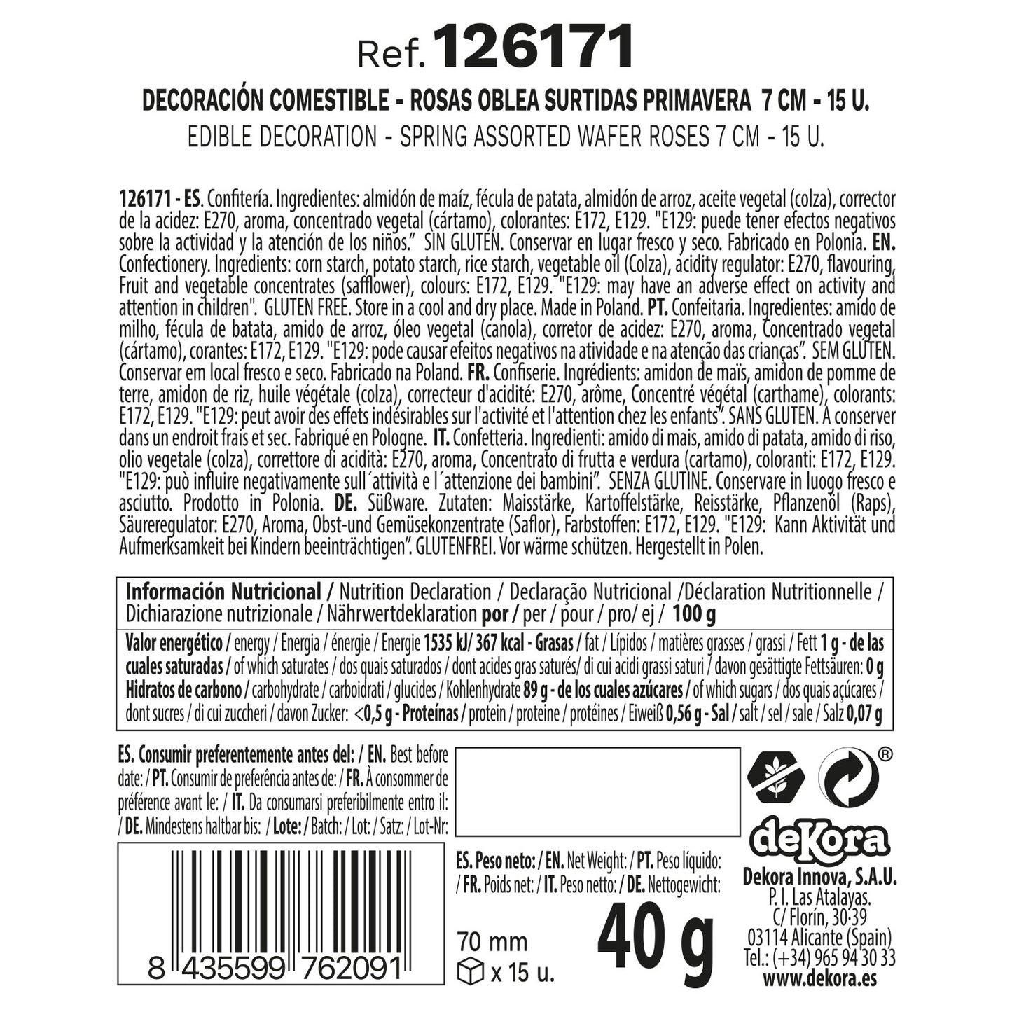 CAJA DE 15 ROSAS DE OBLEA OTOÑO COLORES SURTIDOS Ø 7CM