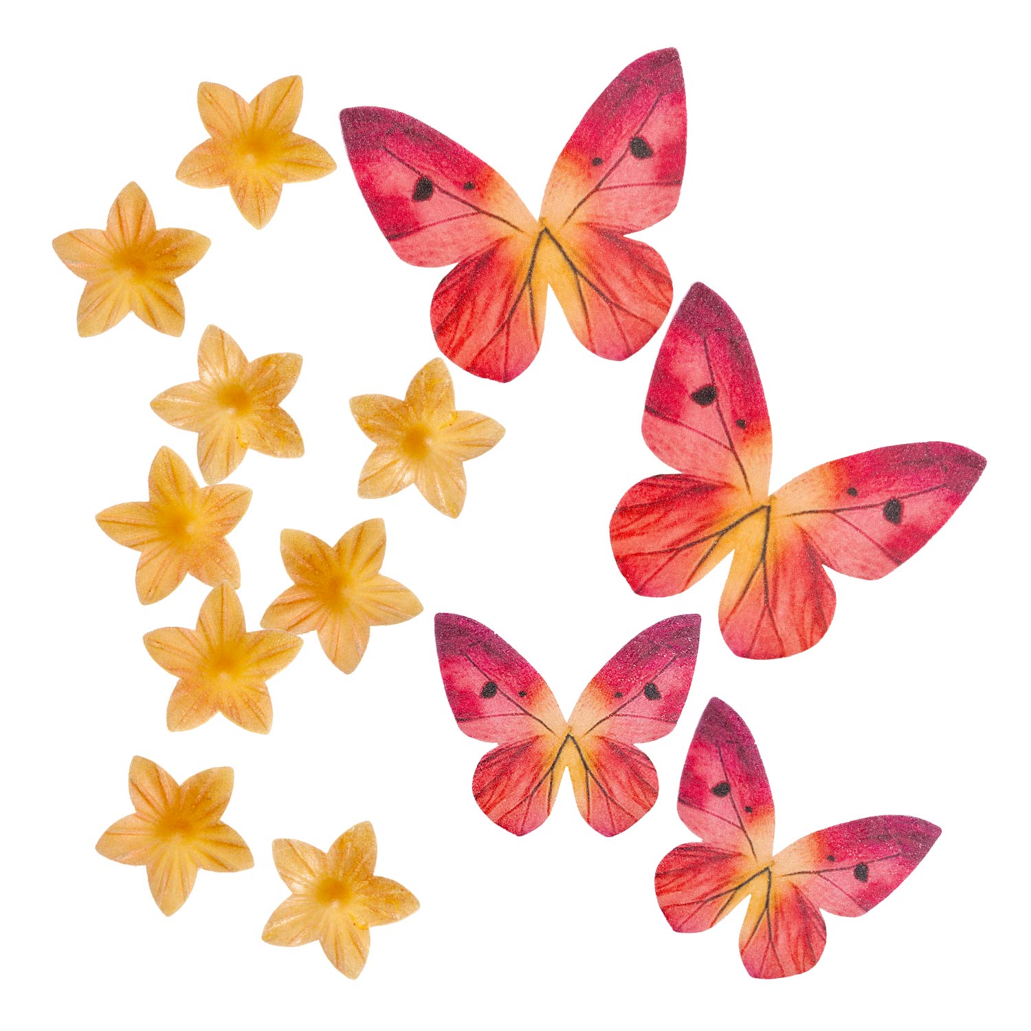 BLÍSTER MINI FLORES AMARILLAS Y MARIPOSAS ROJAS DE OBLEA