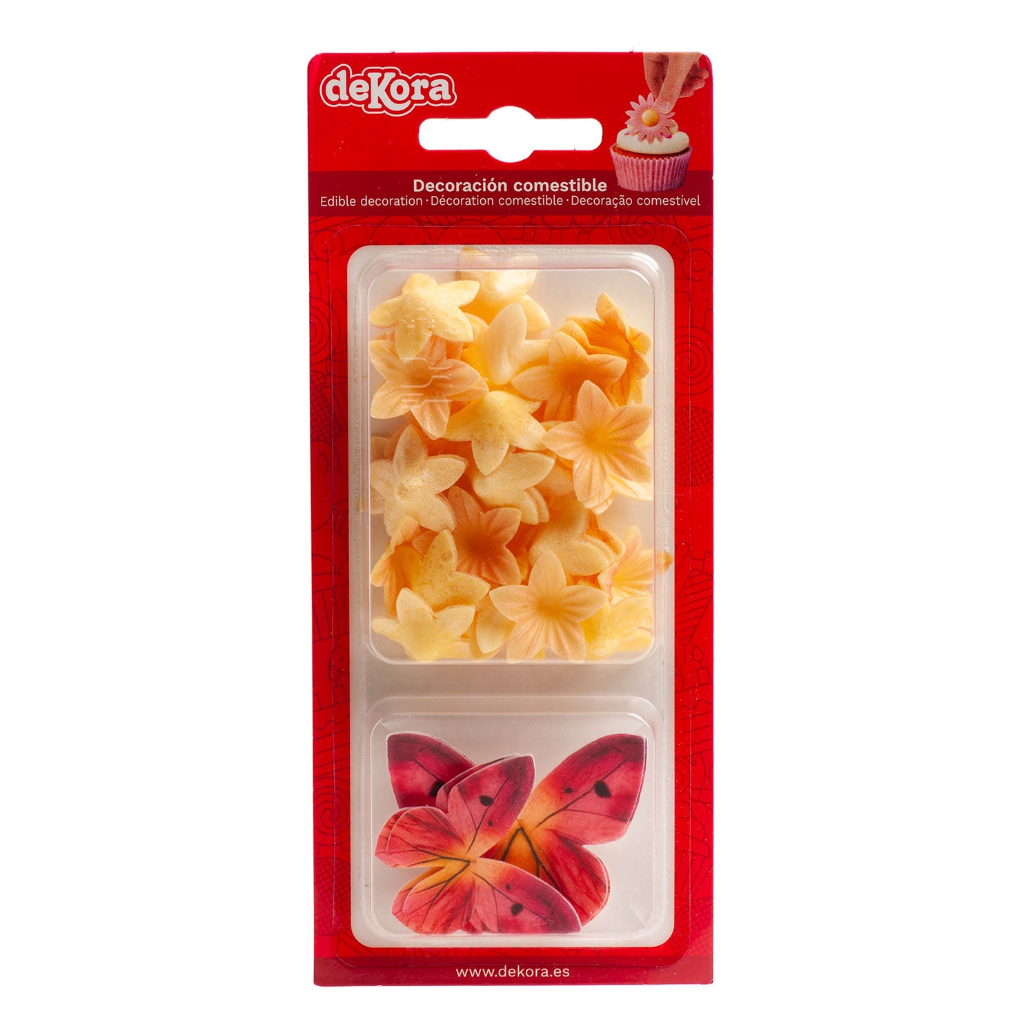 BLÍSTER MINI FLORES AMARILLAS Y MARIPOSAS ROJAS DE OBLEA