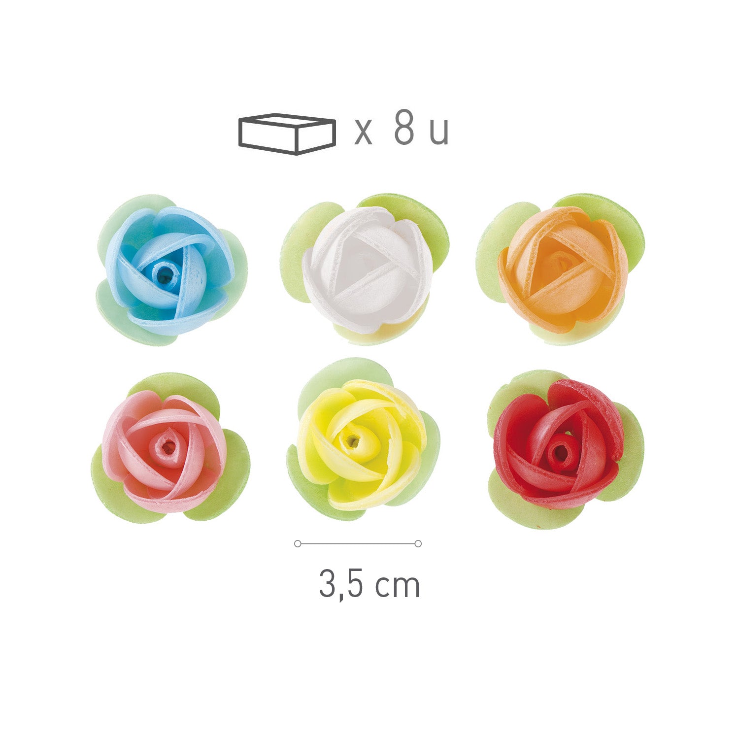 8 ROSAS OBLEA COLORES CON HOJA 3,5CM
