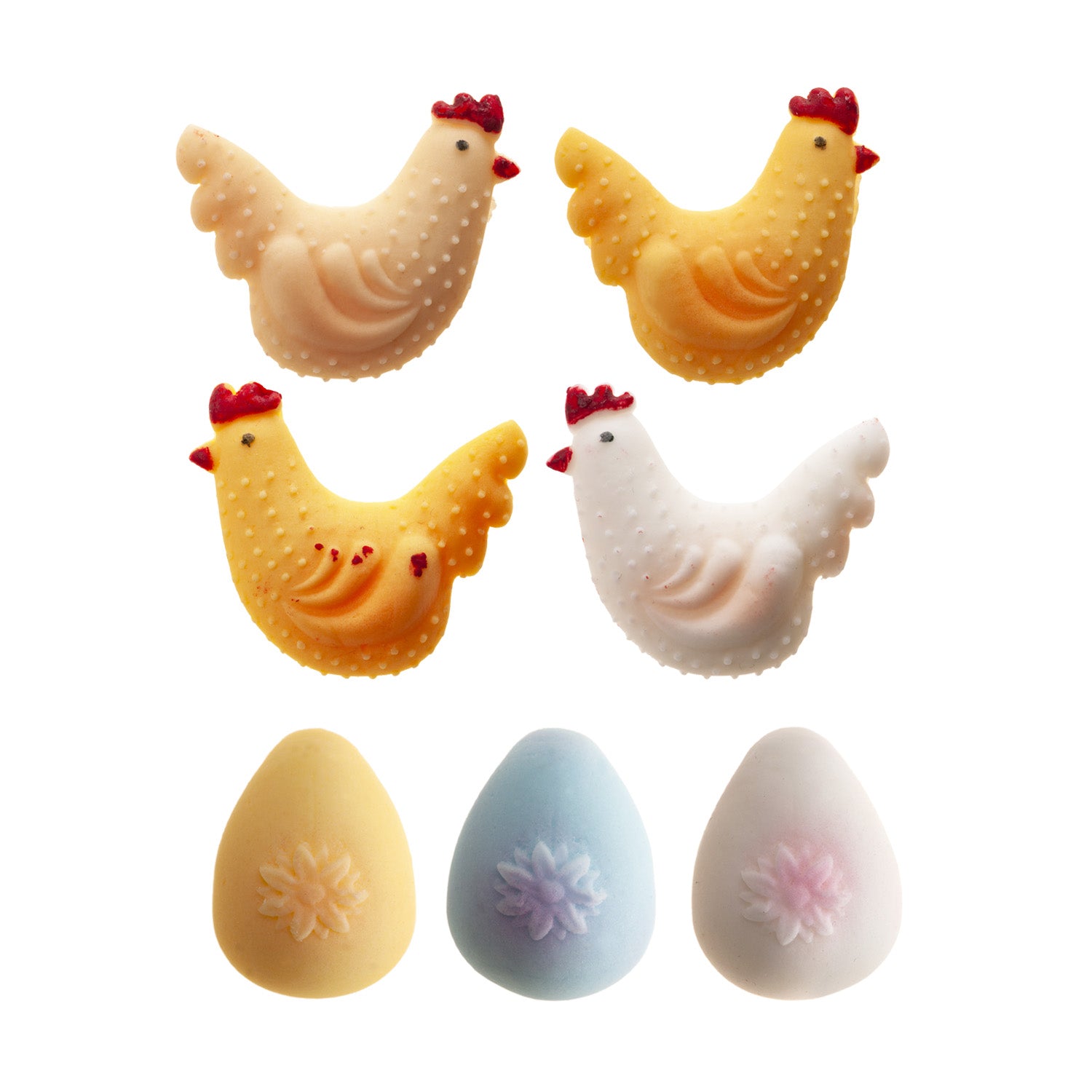 DECORACIÓN DE AZÚCAR GALLINAS Y HUEVOS 3 COLORES