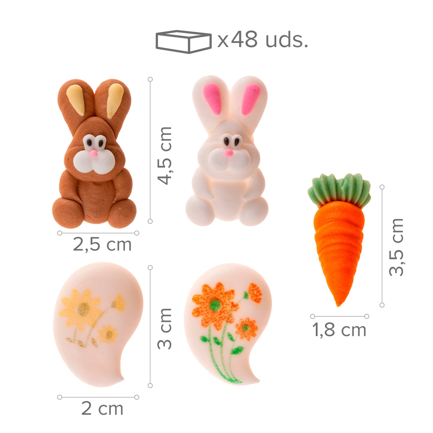 DECORAZIONE IN ZUCCHERO 2D DI CONIGLIETTI, CAROTE E FIORI DI PASQUA