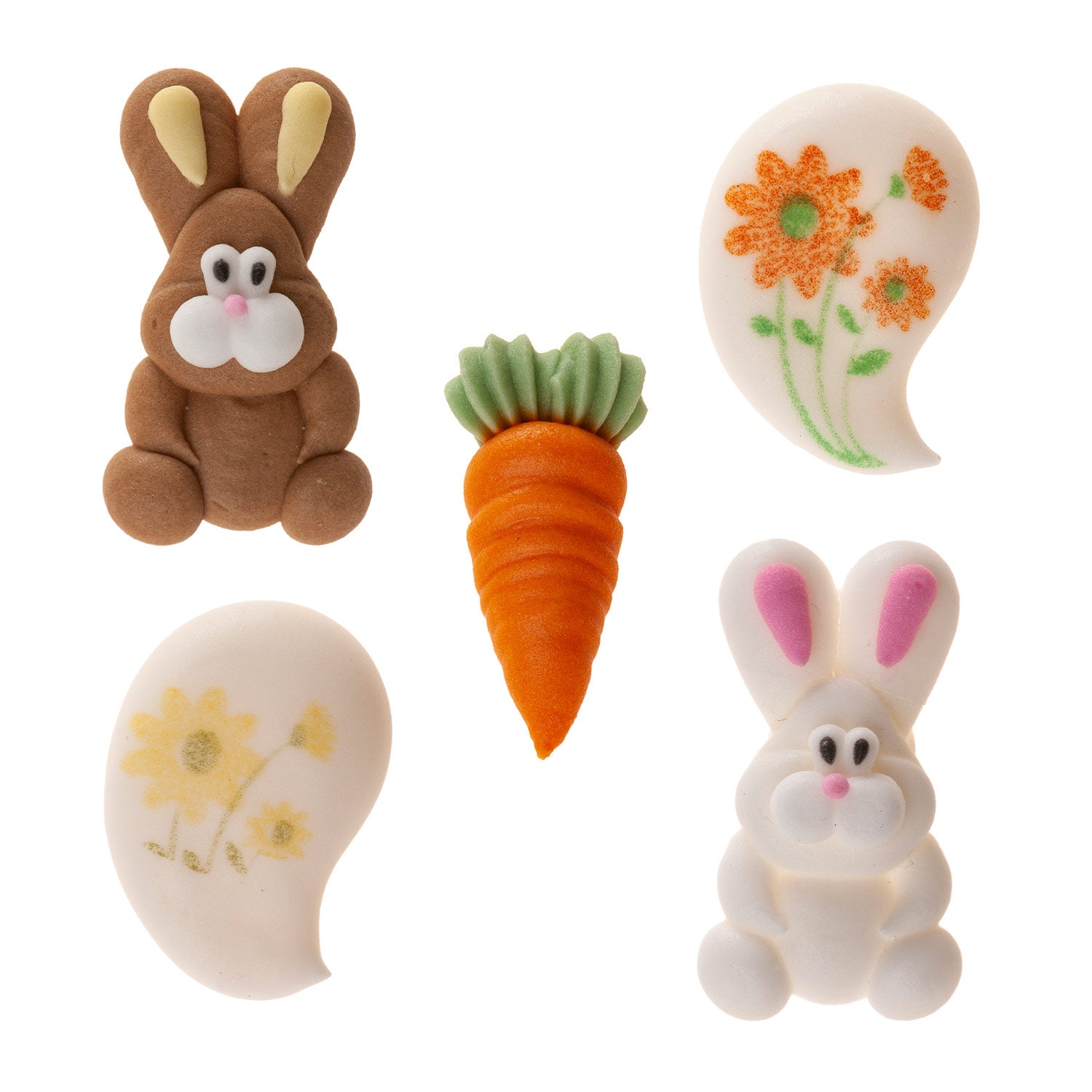SUGAR EASTER DECORATION 2D BUNNIES, CARROTS AND FLOWERS