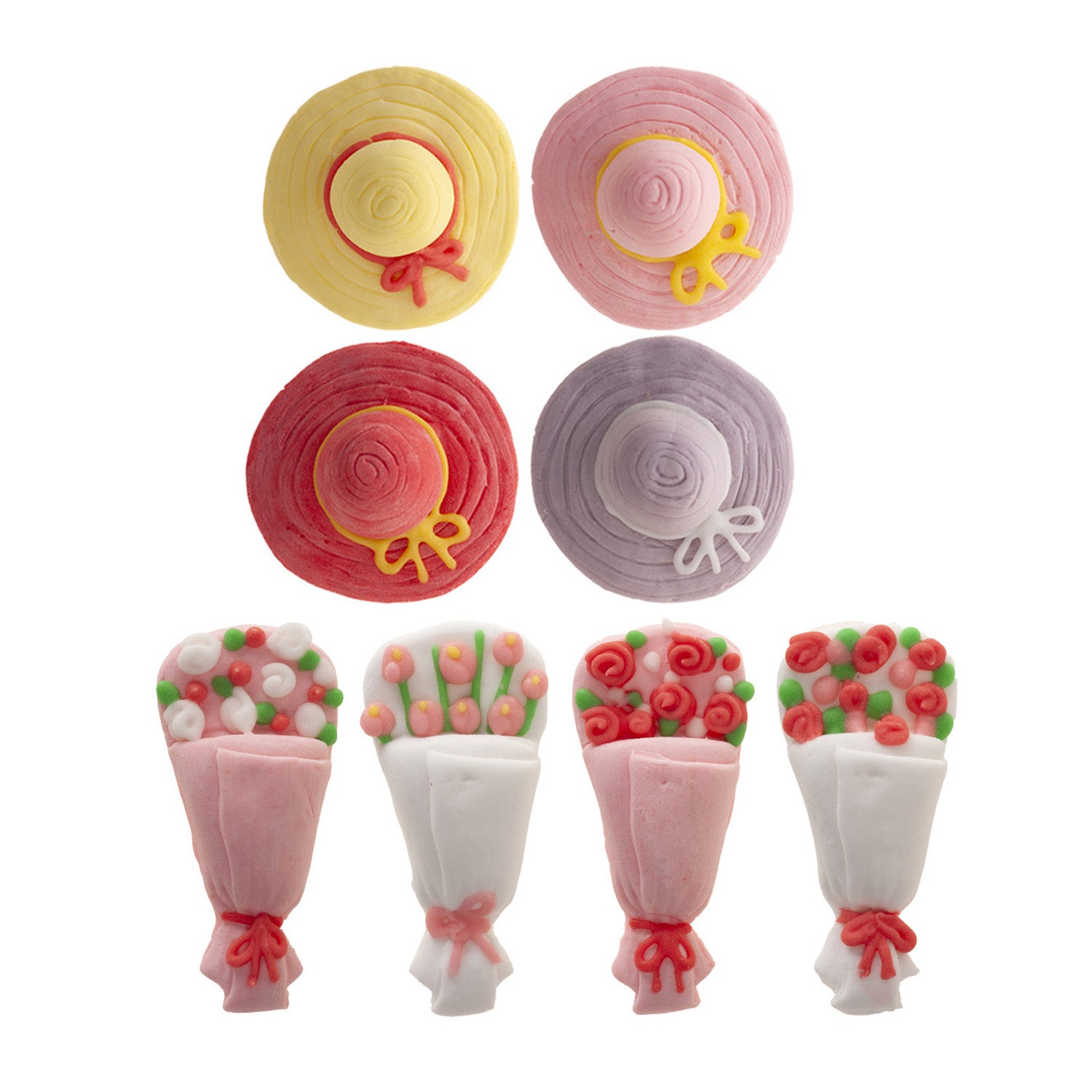 DECORAÇÃO DE AÇÚCAR 2D BOUQUETS E CHAPÉU 8 MODELOS