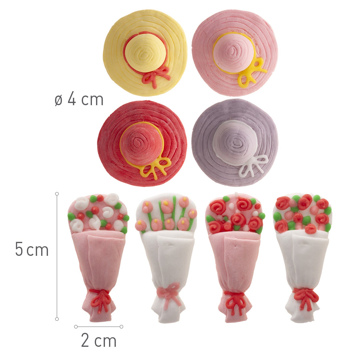 DECORAÇÃO DE AÇÚCAR 2D BOUQUETS E CHAPÉU 8 MODELOS