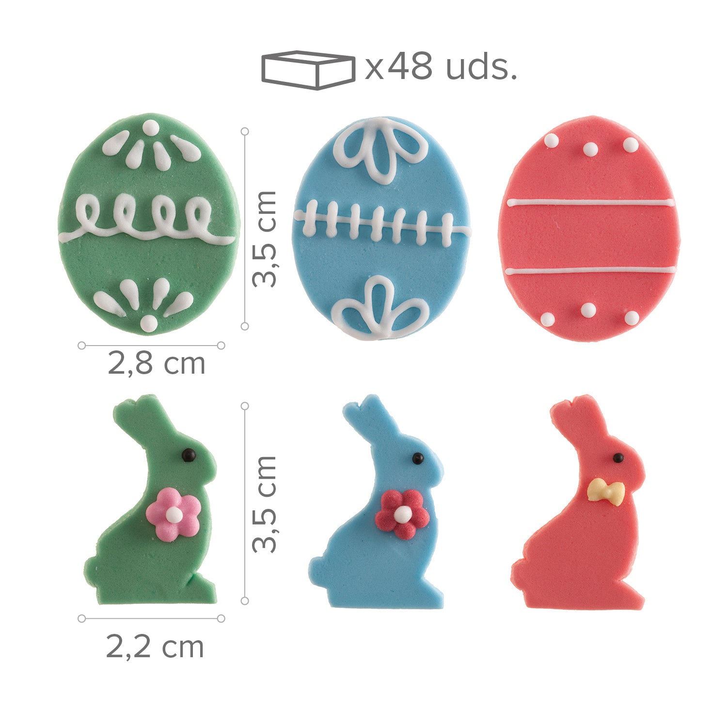 DECORACIÓN AZÚCAR 2D SURTIDO 6MOD HUEVOS Y CONEJOS 48UDS