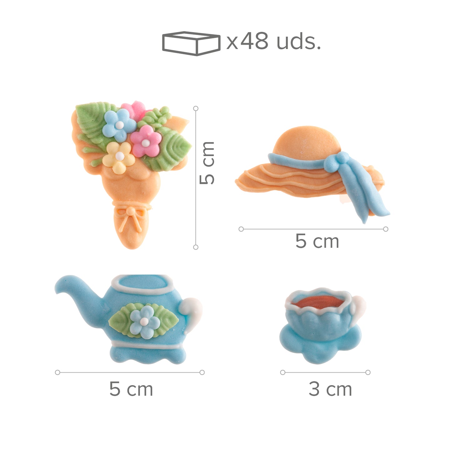 DECORACION AZUCAR 2D SURTIDO HORA DEL TE 8 MOD 48UDS