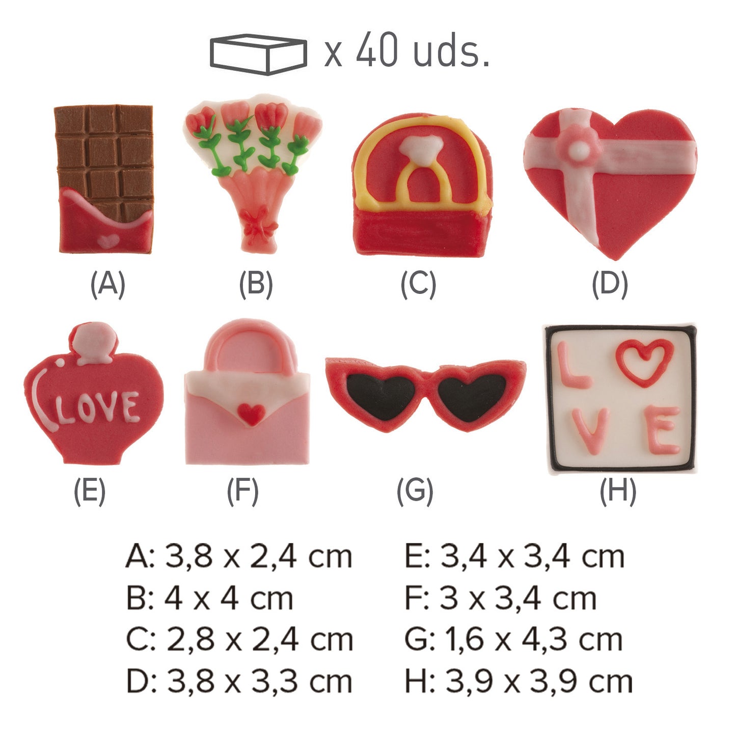 DECORACIÓN AZÚCAR 2D SAN VALENTIN 8 DISEÑOS 40 UDS