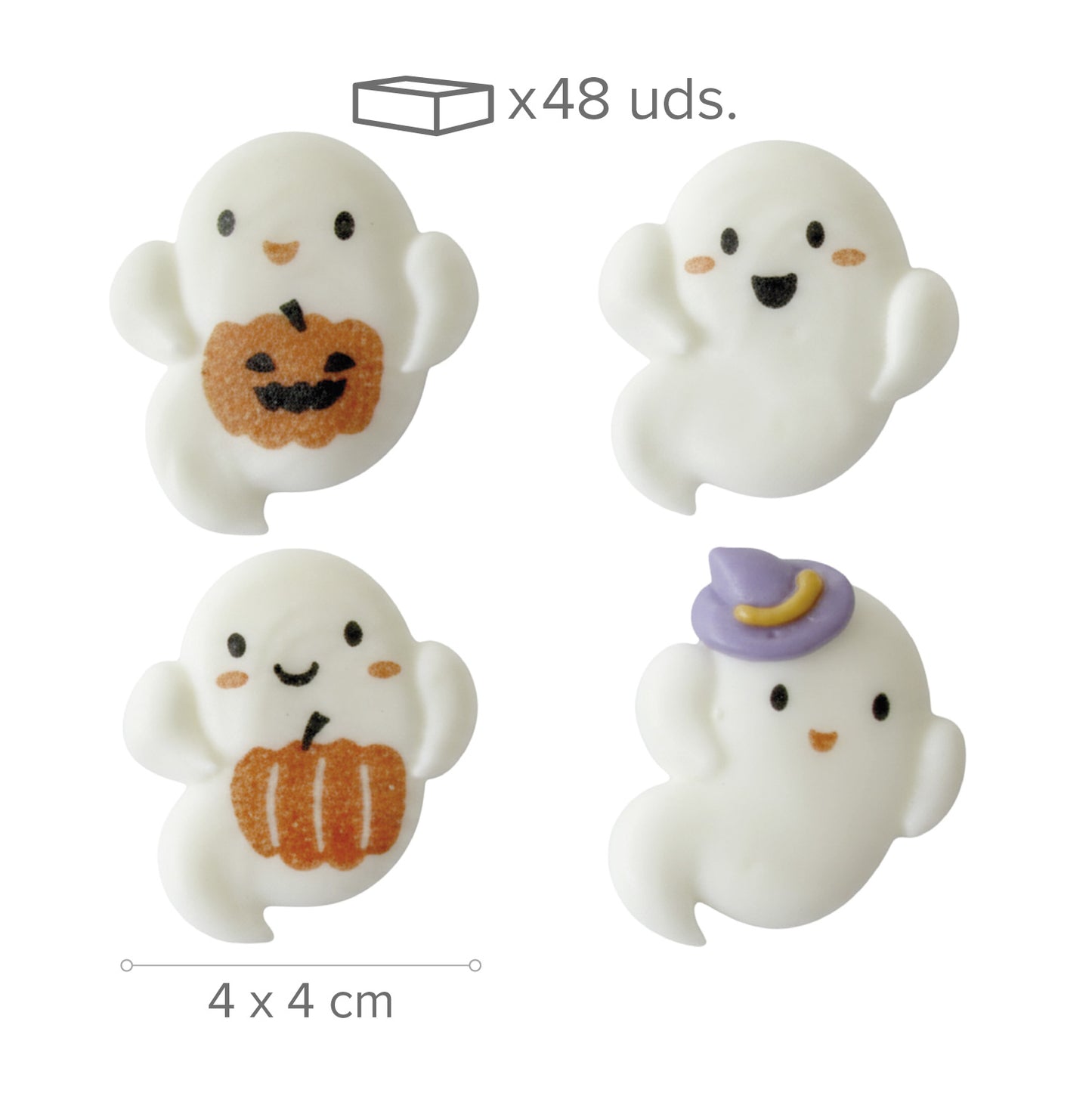 DECORACION AZUCAR 2D HALLOWEEN CUATRO FANTASMAS 48 UNIDADES