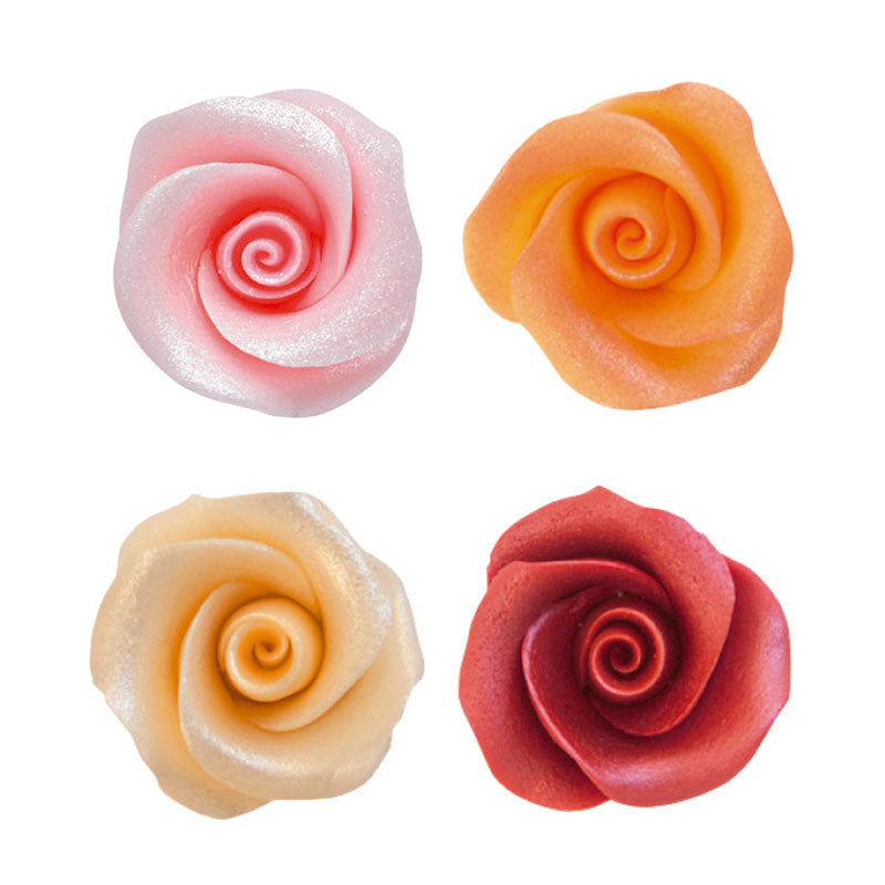 EDIBLE SUGAR ROSES 4 PEARL COLOURS ORANGE, NUDE, BURGUNDY & PINK 4CM
