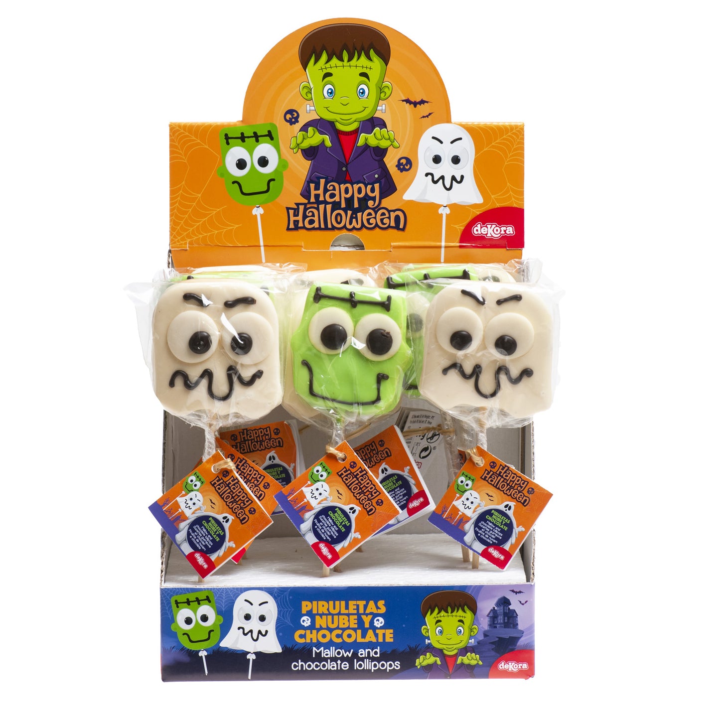 PIRULETA NUBE Y CHOCOLATE SURTIDO HALLOWEEN FRANKIE Y FANTASMA 30GR