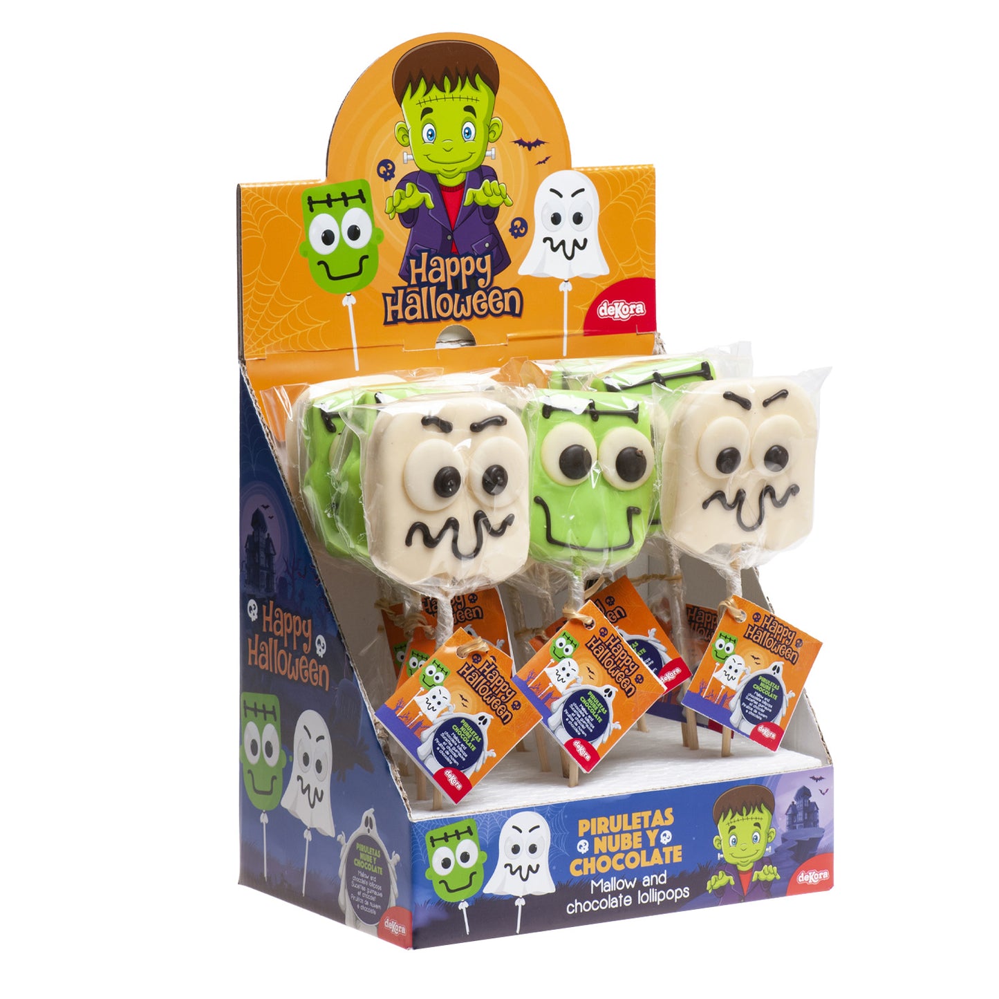 PIRULETA NUBE Y CHOCOLATE SURTIDO HALLOWEEN FRANKIE Y FANTASMA 30GR