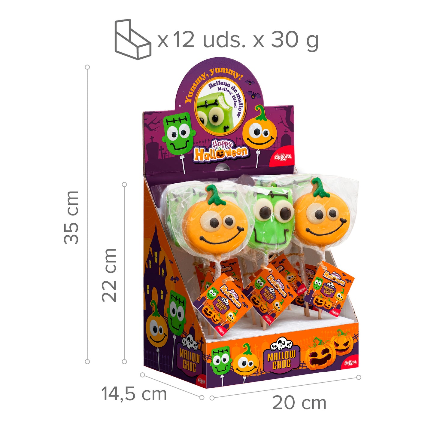 PIRULETA MALLOW CHOC  HALLOWEEN SURT. CALABAZA Y FRANKI 30GR