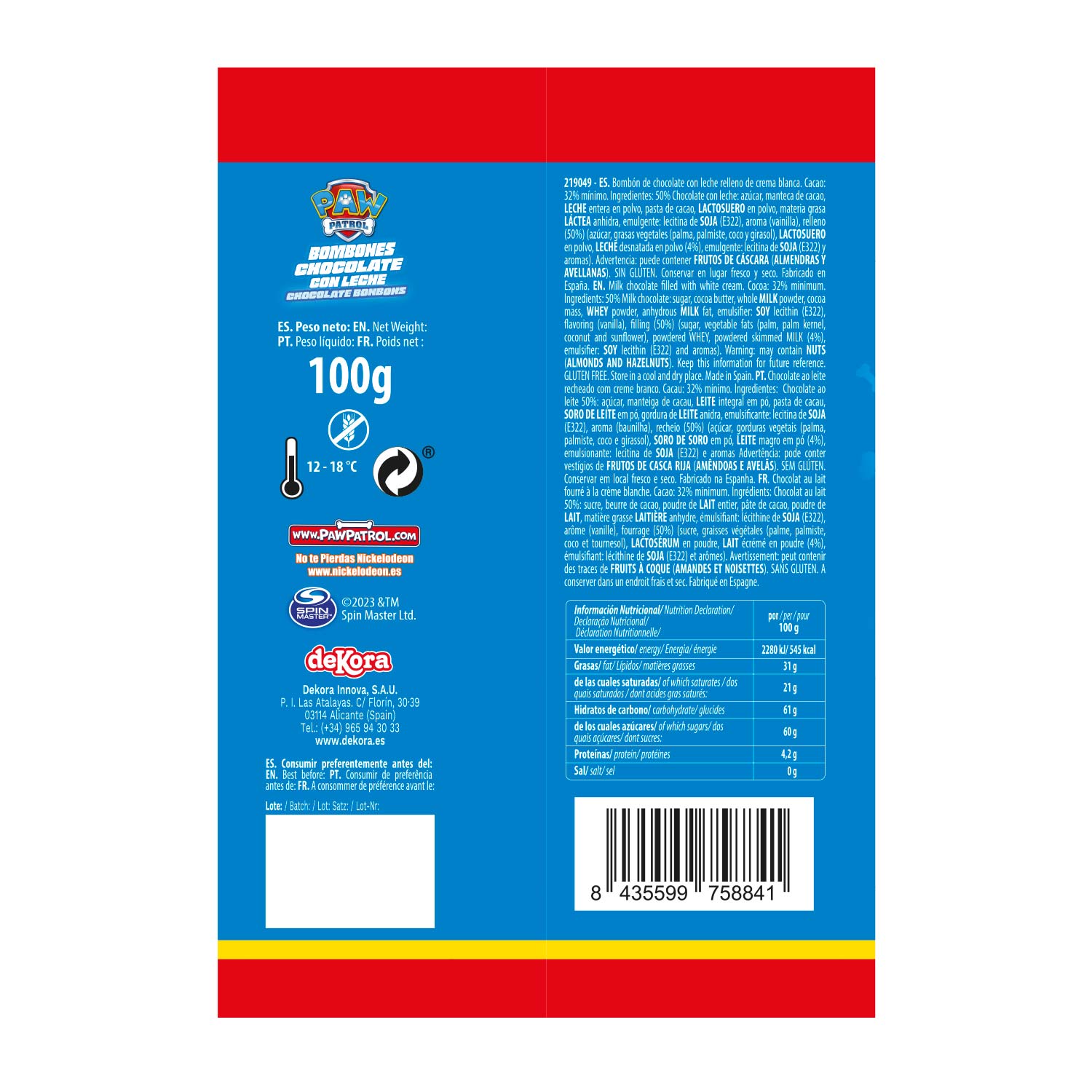 BOLSA BOMBONES CHOCOLATE RELLENOS PAW PATROL 100 GR