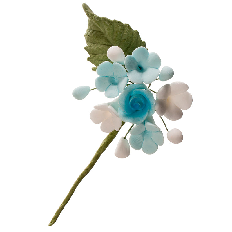 MINI SUGAR DECORATION BOUQUET OF BLUE & PINK FLOWERS 10.5CM