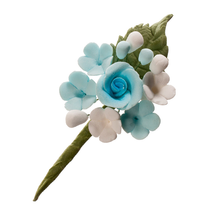MINI SUGAR DECORATION BOUQUET OF BLUE & PINK FLOWERS 10.5CM