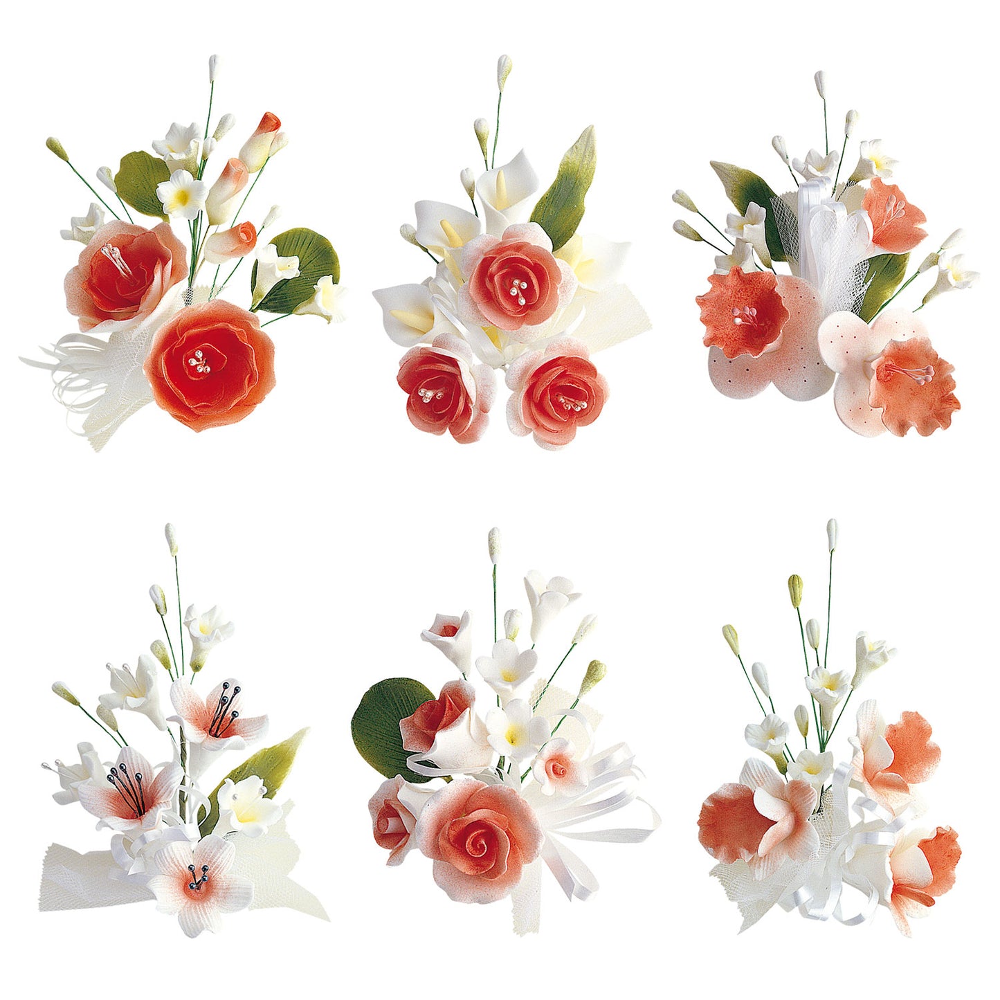 PASTILLAGE ASSORTED BOUQUETS WHITE & RED 13CM