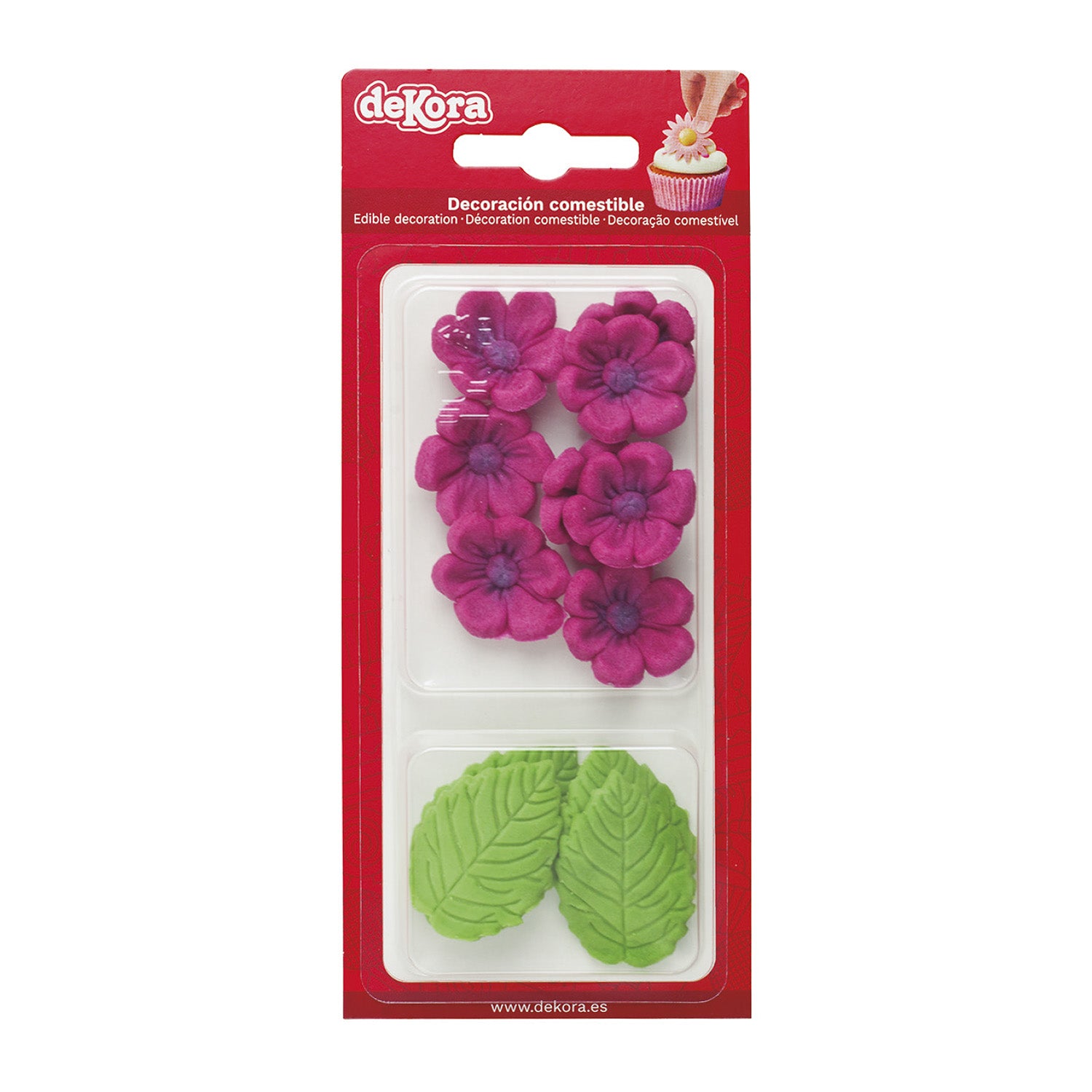 BLISTER DI ZUCCHERO 8 FIORI FUCSIA E 5 FOGLIE VERDI