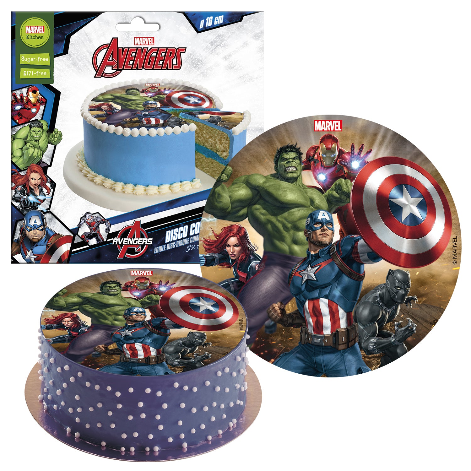 DISCO COMMESTIBLE TORTA AVENGERS 16CM SENZA ZUCCHERO